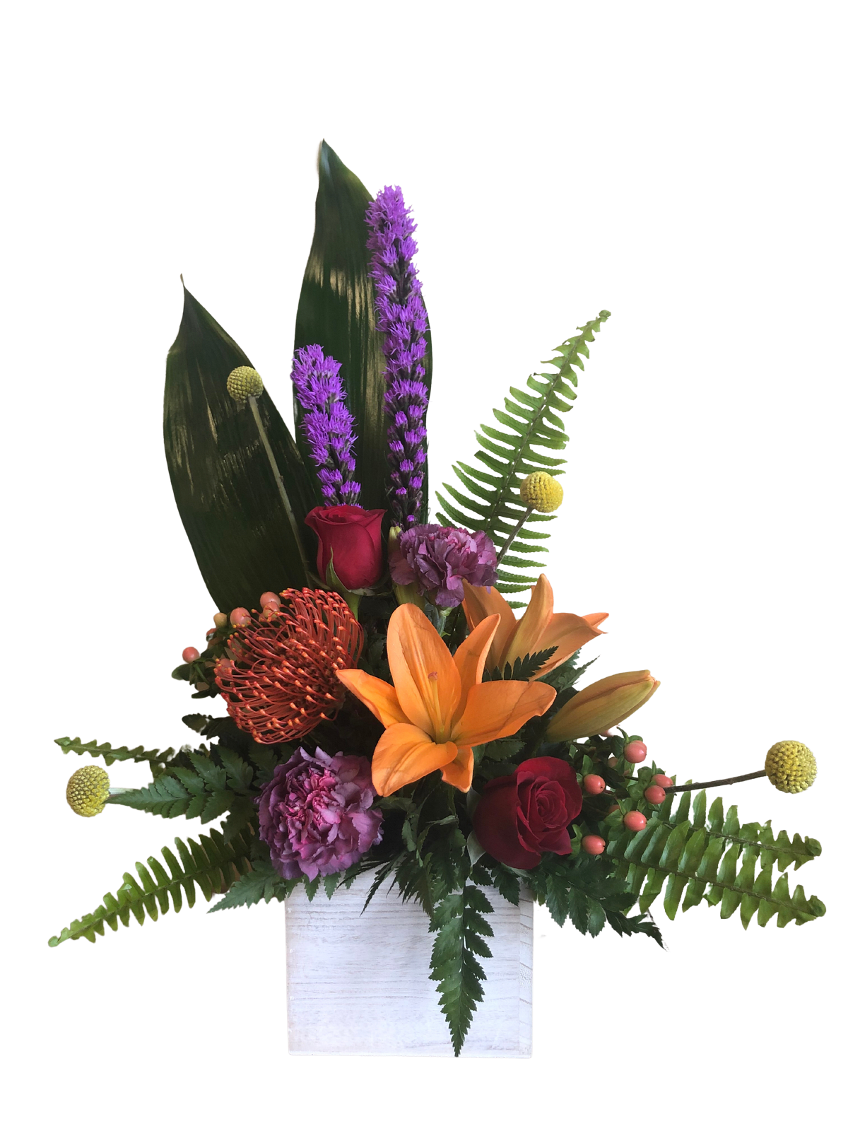 Bahama Mama - Tropical Mix of Liatris, Billy Balls, Protea, Asiatic Lilies, Roses, Carnations, Hypericum with Boston Fern and Aspedistra Leaves in wooden cube
