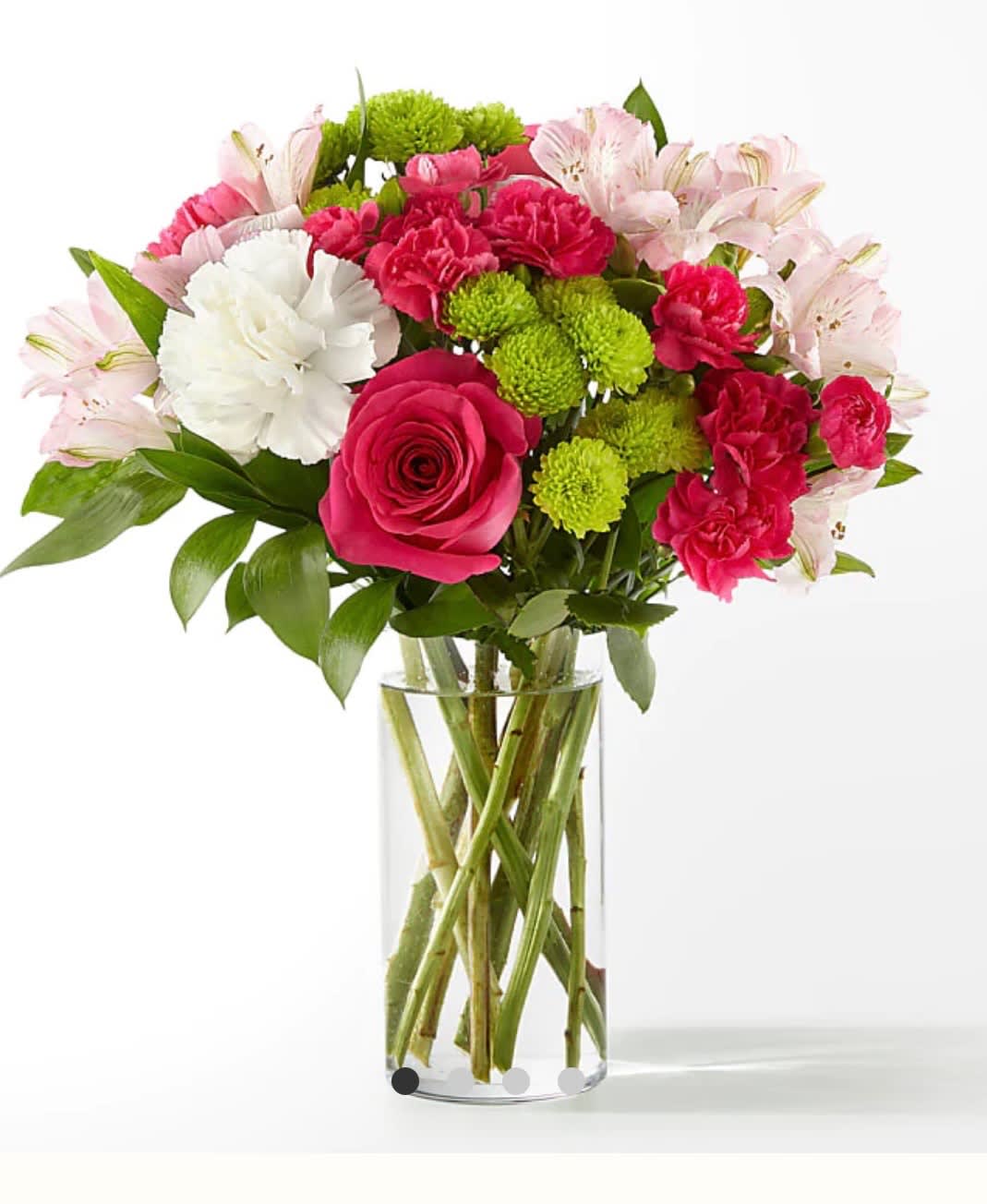 Sweet and Pretty Bouquet - The true beauty of this bouquet is within the sweet colors of the flowers. An array of hot pink roses, pale pink alstroemeria and more are set in a glass cylinder vase, making a wonderful gift to light up the face of its recipient.