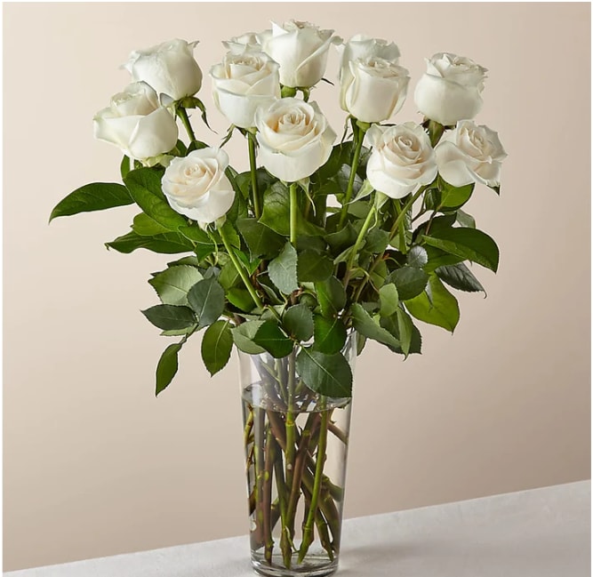 Long Stem White Rose Bouquet - White roses are elegant, luminous, and beautifully accent any room. With a gorgeous selection of crisp white roses among fresh greenery, this bouquet is perfect for birthdays, anniversaries, or as a way to say, &quot;I'm thinking of you.&quot;  Please Note: The bouquet pictured reflects our original design for this product. While we always try to follow the color palette, we may replace stems to deliver the freshest bouquet possible, and we may sometimes need to use a different vase. DETAILS The Premium Bouquet is approximately 22&quot;H x 18&quot;W. A bouquet of 24 roses and foliage. Designed by florists, ready to display. For long–lasting blooms, replace the water daily. We suggest trimming the stems every couple days. 