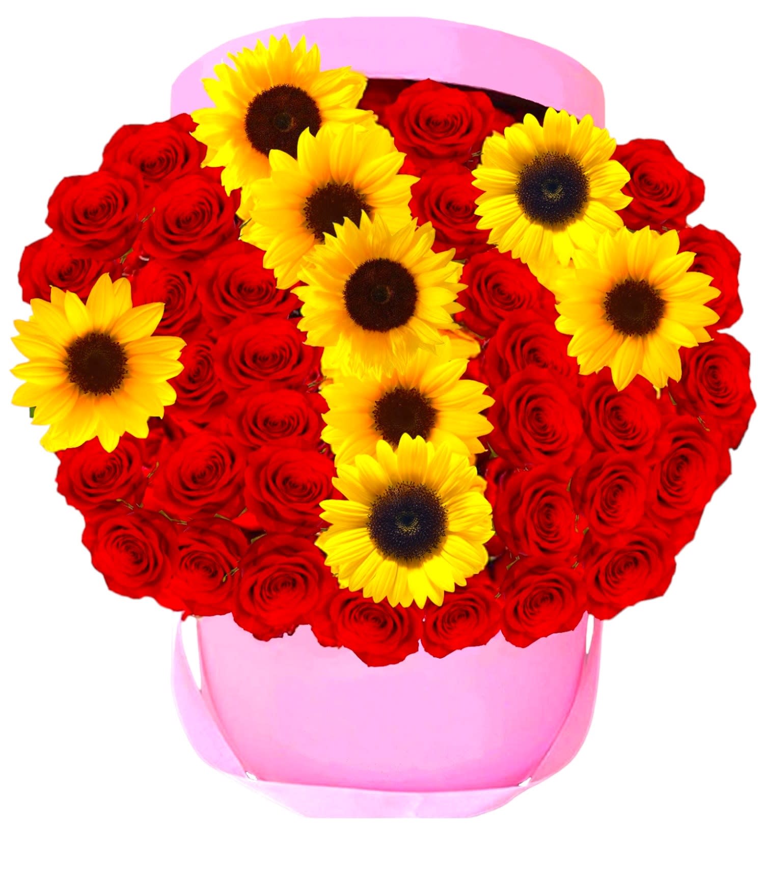 Red Rose Sunshine Arrangement - Go big with your love. Send this red rose sunshine arrangement. This pretty arrangement makes a big statement to show someone that you're thinking of them and how special they are.  DETAILS  FLORIST-TO-DOOR  Orientation: One-Sided  BLOOM DETAILS Roses Sunflowers Greenery  The Standard Arrangement is approximately (36 Roses &amp; 8 Sunflowers) The Deluxe Arrangement is approximately (42 Roses &amp; 10 Sunflowers) The Premium Arrangement is approximately (48 Roses &amp; 12 Sunflowers)  Designed by our award-winning florist designers.  HOW TO CARE FOR YOUR FLOWERS 1. Keep in a location without direct sunlight and away from extreme heat or cold. 2. Add water regularly and mix in the flower food packet provided. 3. Trim the stems at an angle every other day. 4. As flowers/foliage wilt, remove &amp; discard  Please Note: The arrangement pictured reflects an original design for this product. While we always do our best to follow the original flower recipe, the exact flower or container is sometimes unavailable. We may replace items of equal or greater value to deliver the freshest flowers possible while keeping the style &amp; color palette. We assure you that we will create a beautiful, fresh flower arrangement with only the best quality flowers to keep you as a loyal customer.  How to place an order? We have several options. 1. You can place an order directly on this secure website... OR 2. You can call in your order by dialing: (323) 262 - 9238... OR 3. You can visit our store (appointment recommended 323.262.9238)  NINFA'S FLOWERS 2405 WHITTIER BLVD. LOS ANGELES, CA. 90023  ATTENTION: *Please note that on busy holidays, Valentine's Day, and Mother's Day, we cannot verify if the recipient received the flowers until the following day because our drivers don't turn in their signature delivery tablets until the following day. You can verify delivery on the website after 10:00 pm, call 323.262.9238 the following day after 10:00 am, or contact the recipient directly if you haven't received a call from them. Thank you for your patience and understanding.