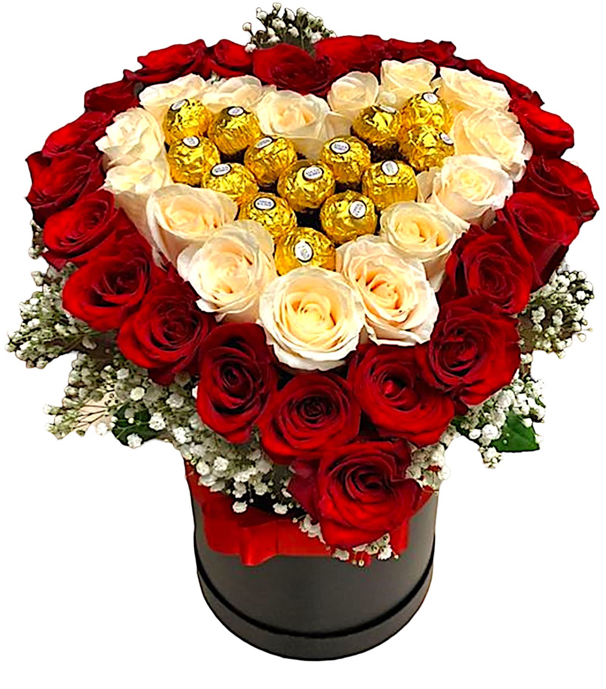 Love is Sweet Flower Arrangement - Make them happy with this sweet arrangement! Send this lovely flower and chocolate combo arrangement to a loved one for Valentine's Day, Anniversary, Birthday, or Just Because. Red and ivory roses are beautifully presented in a heart shape design in a cylinder box.  DETAILS CYLINDER BOX INCLUDED  Item #NF-96  FLORIST-TO-DOOR  Orientation: One-Sided  BLOOM DETAILS Roses Baby's Breath Filler Greenery  The Standard Arrangement (37 Roses, 14 Ferrero Chocolates) The Deluxe Arrangement  The Premium Arrangement   Designed by our award-winning florist designers.  HOW TO CARE FOR YOUR FLOWERS 1. Keep in a location without direct sunlight and away from extreme heat or cold. 2. Add water regularly if the floral foam feels dry and mix in the flower food packet provided. 3. As flowers/foliage wilt, remove &amp; discard  Please Note: The arrangement pictured reflects an original design for this product. While we always do our best to follow the original flower recipe, the exact flower or container is sometimes unavailable. We may replace items of equal or greater value to deliver the freshest flowers possible while keeping the style &amp; color palette. We assure you that we will create a beautiful, fresh flower arrangement with only the best quality flowers to keep you as a loyal customer.  How to place an order? We have several options. 1. You can place an order directly on this secure website... OR 2. You can call in your order by dialing: (323) 262 - 9238... OR 3. You can visit our store (appointment recommended 323.262.9238)  NINFA'S FLOWERS 2405 WHITTIER BLVD. LOS ANGELES, CA. 90023  ATTENTION: *Please note that on busy holidays, Valentine's Day, and Mother's Day, we cannot verify if the recipient received the flowers until the following day because our drivers don't turn in their signature delivery tablets until the following day. You can verify delivery on the website after 10:00 pm, call 323.262.9238 the following day after 10:00 am, or contact the recipient directly if you haven't received a call from them. Thank you for your patience and understanding.