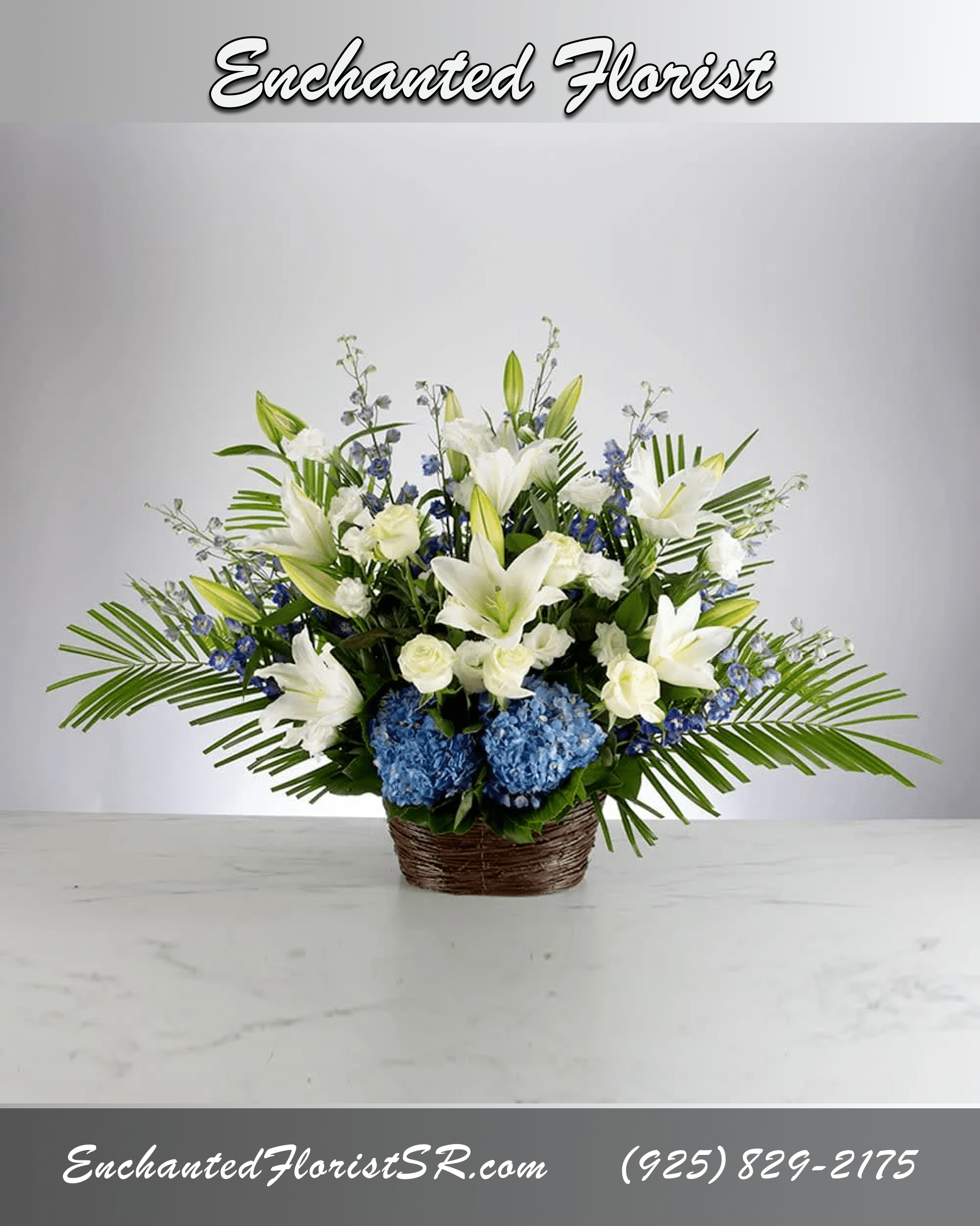 Deepest Condolences -  - A blue, white, and green funeral basket for any type of service. Held in a wicker basket, large palms spread out and give a natural spotlight for the feature blooms and colors.