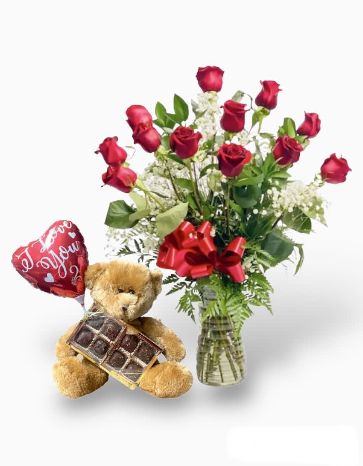 Valentines teddy bear roses top
