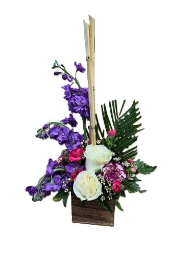 Zen Way - The Zen Way is offered in a wooden vase with a plastic liner.  Bamboo and mixed greenery accent a compliment of roses, stock, carnations, and mini carnations.  Color schemes can vary.   If you prefer a particular color scheme, please include that with your order.