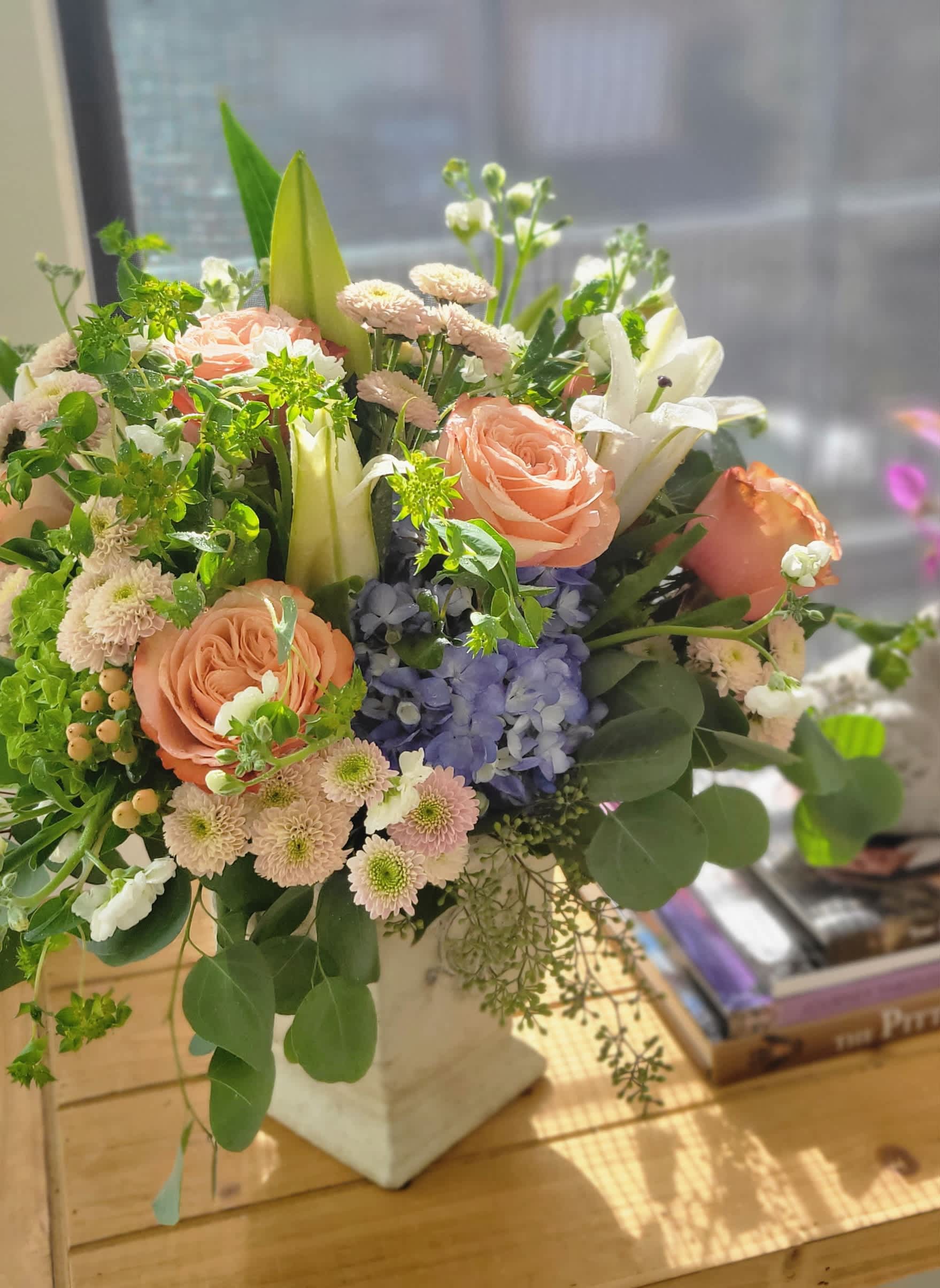 Endless Sunshine - Hydrangeas, roses, lilies, stocks, pom buttons, bupleurums, eucalyptus