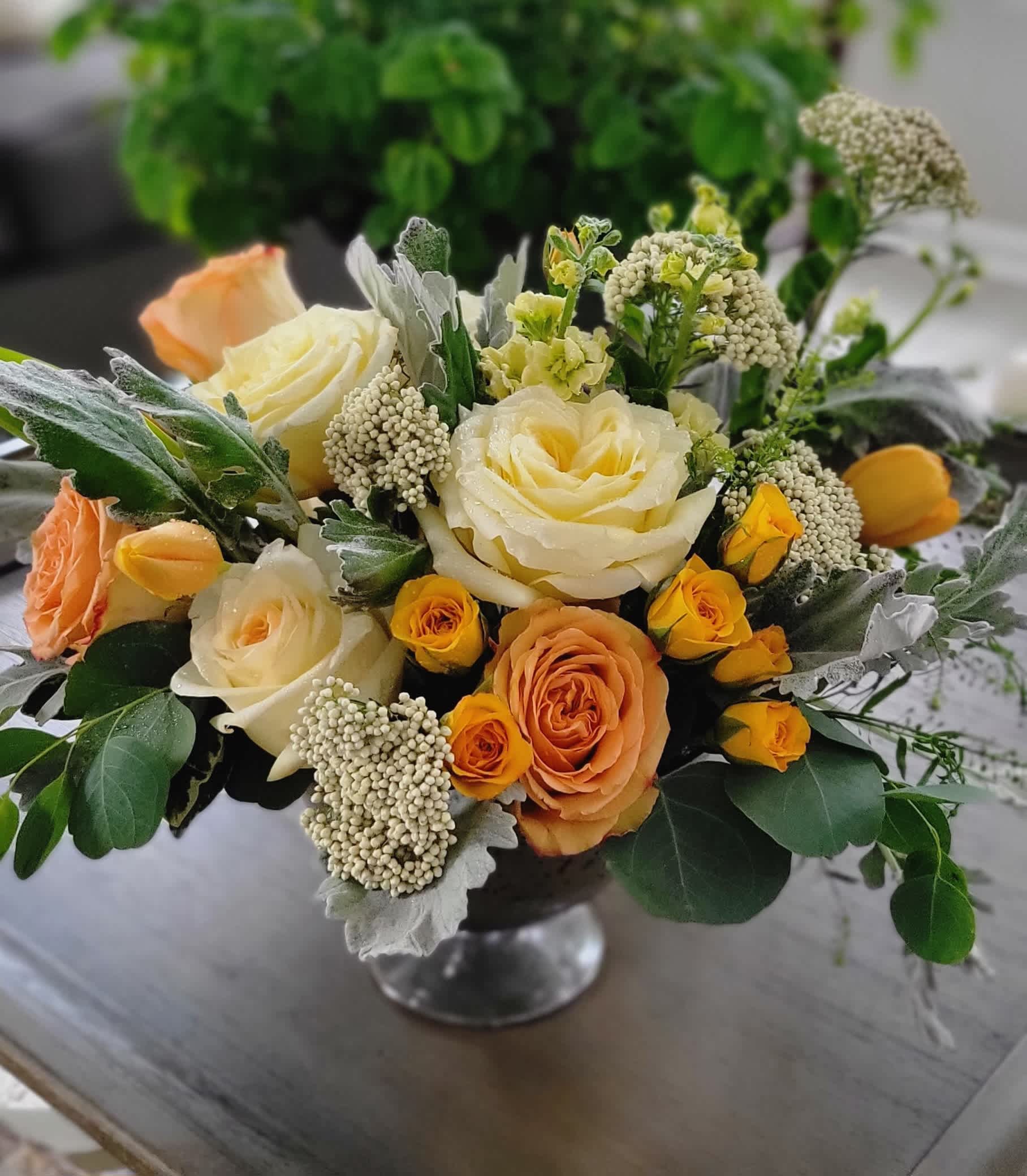 Shine Your Light - Roses, spray roses, tulips, stock, rice flowers