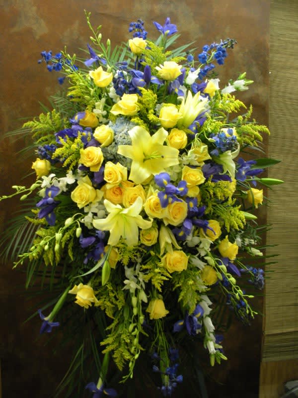 Blue &amp; Yellow Themed Standing Spray (SY-13) - Lilies, Roses, Irises, Orchids, Delphinium and more. 