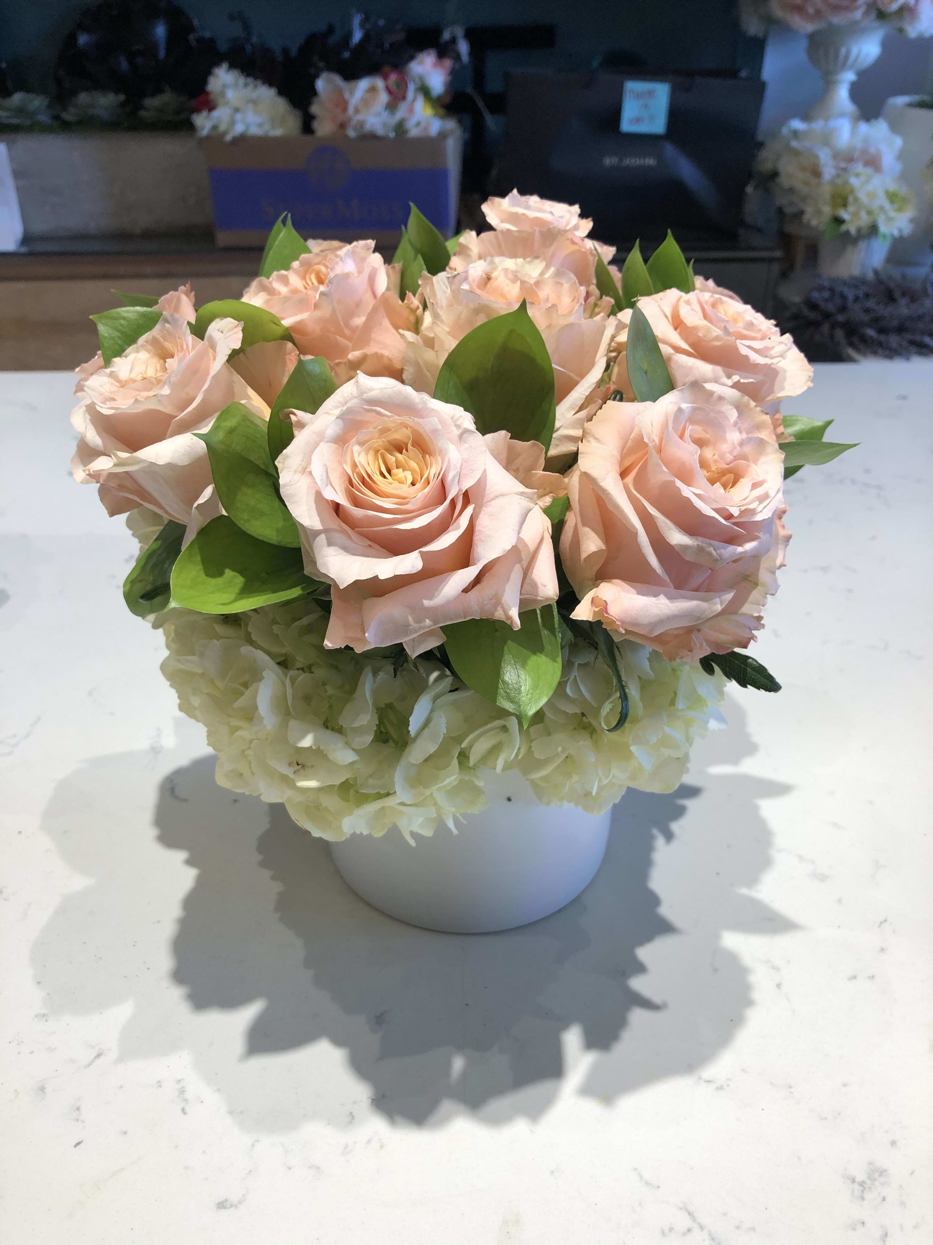 Simple Blooms Simple Blooms - Roses and hydrangeas in white ceramic vase- Let us know what color you prefer in comments!