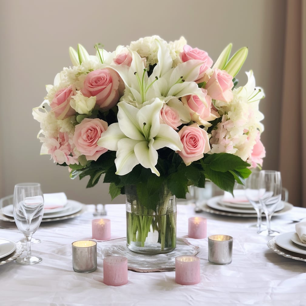 Elegant Whispers Elegant Whispers - Experience the graceful charm of our "Elegant Whispers" arrangement. A harmonious blend of pure white lilies and roses, softly contrasted by delicate pink roses. This bouquet exudes a serene beauty that adds a touch of elegance to any dinner table setting. Note: Vase not included. Perfect for intimate dinners and special occasions.