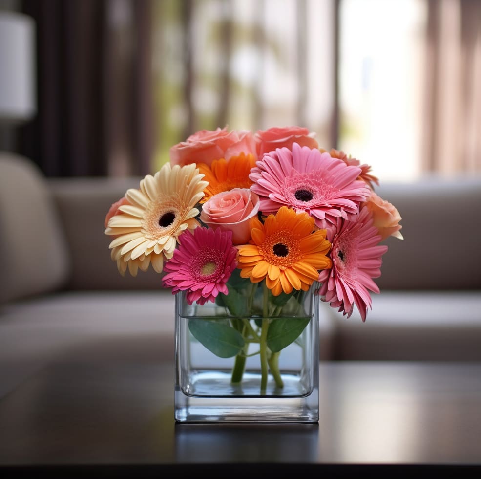 Janet - Meet &quot;Janet&quot;, a compact yet vibrant floral arrangement featuring multicolored Gerberas nestled in a modern cube clear vase. The captivating blend of reds, yellows, pinks, and whites creates an irresistible symphony of happiness. Small but enchanting, Janet promises to elevate your space with its cheerful charm