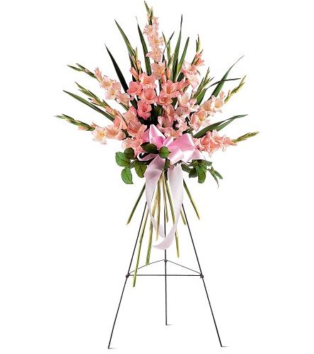 TF189-2 Sentimental Gladioli Spray - One spray combines pink and peach gladioli, and is tied with a pink satin ribbon. Approximately 27&quot; W x 48&quot; H 