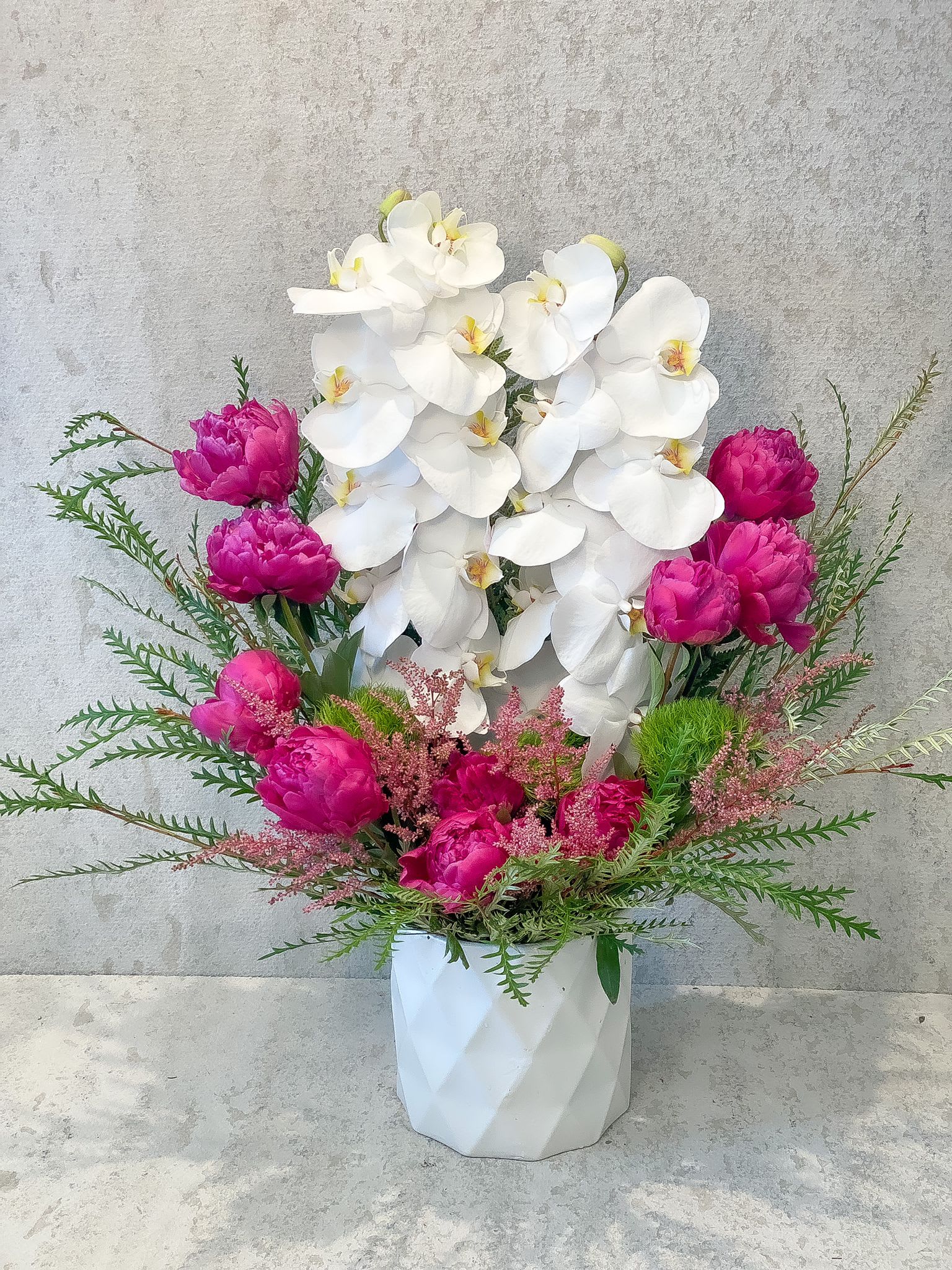 White orchids-Peonies - Standard- Your order will be arranged approximately as shown on our website. 