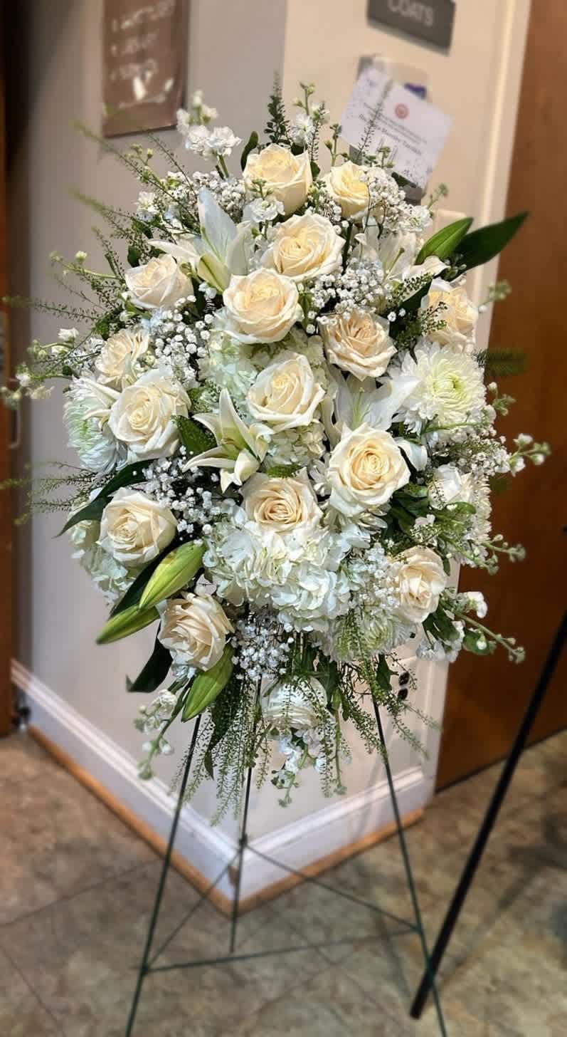 Cherish The Memories - Standing spray with roses, stock, lilies, mums