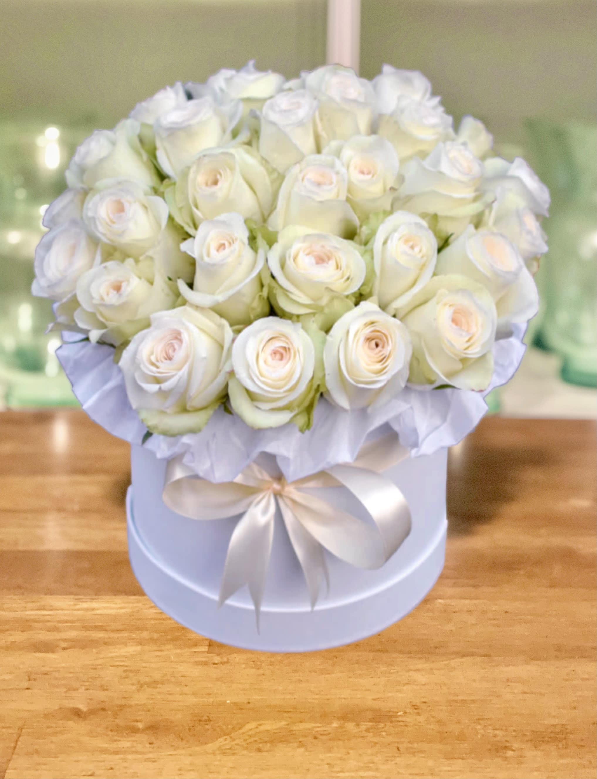 White Rose Box White Rose Box - Beautiful white roses in a 6” white hat box.