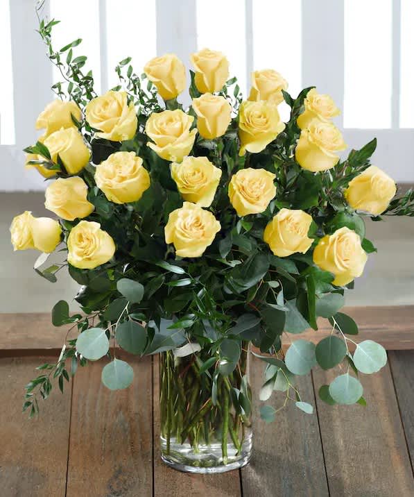 My Joy - Can't wait to say I LOVE YOU!! Send this head turning luxurious Ecuadorian Mountain Yellow Roses Bouquet. The roses are hand-picked in the mountains of Ecuador where high elevation, full sun and low temperatures create nature's perfect rose! Our roses feature 30% larger blooms &amp; longer vase-life. Same Day Delivery in Racine County. Delivered in a clear glass vase.  Standard - 12 Roses / PICTURED in Deluxe - 18 Roses / Premium - 24 Roses  Orientation: All-Around