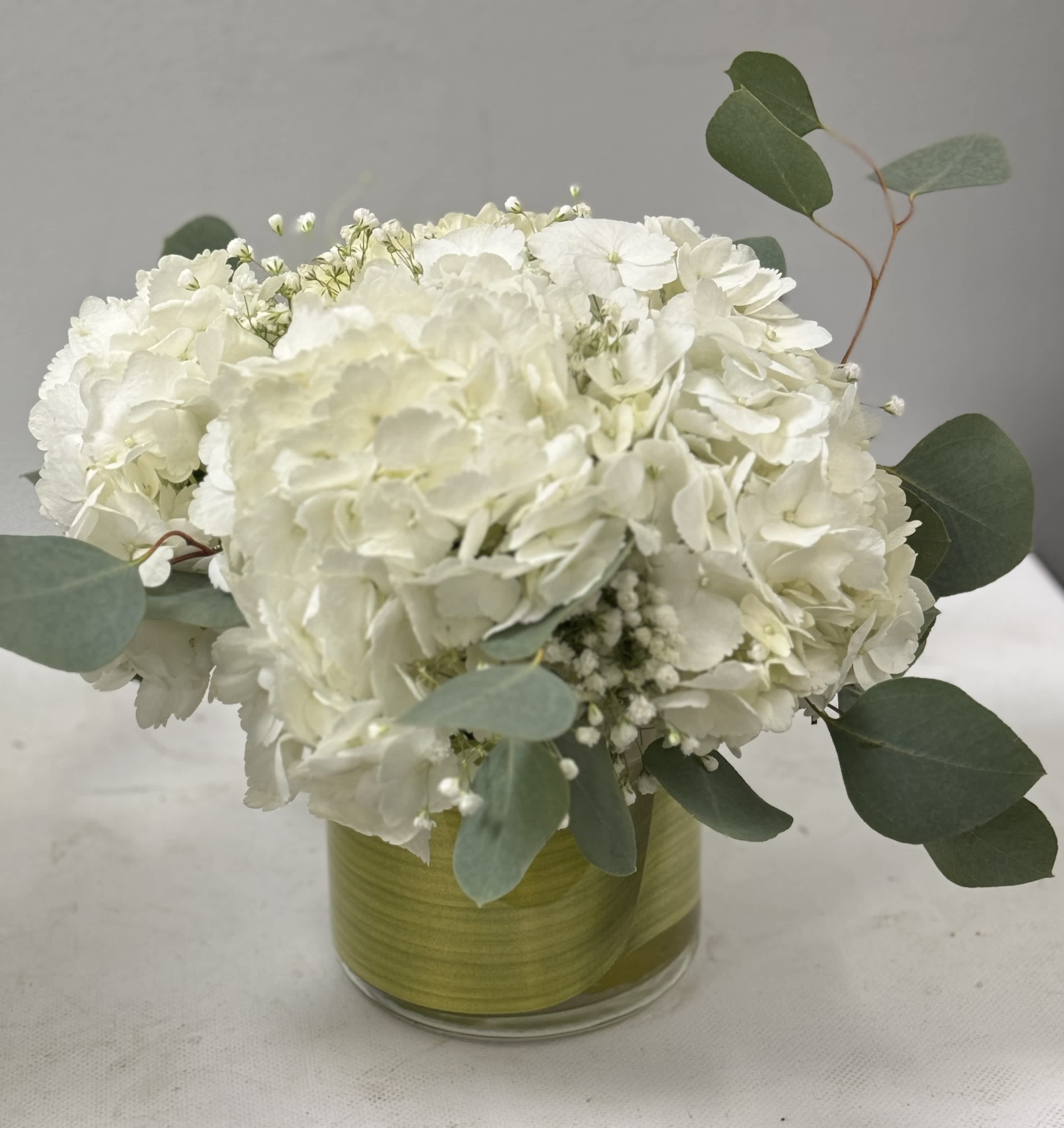 On Cloud Nine  - A petite bouquet of white hydrangea arranged in a vase with babies breath and foliage. Local only or pick up. 