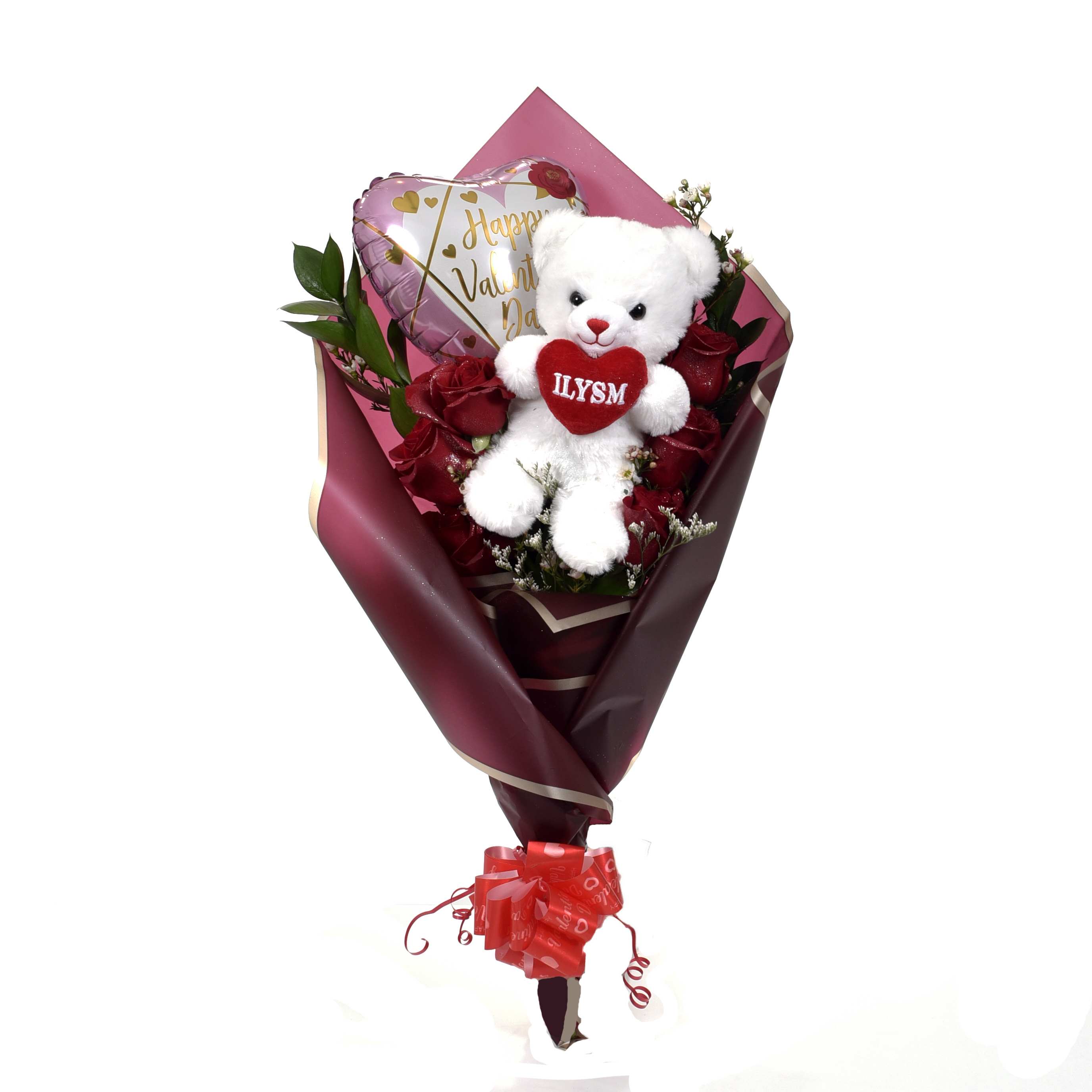 Maithe - 6 Roses with Ruscus, accompanied by a balloon and a teddy Bear