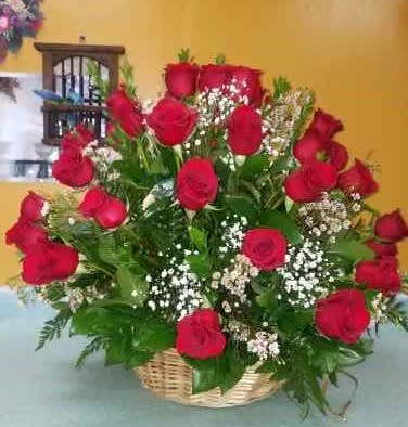 ROSES FROM MY HEART  - 36 Red Roses in a large handle basket, decorated with greenery, and baby's breath.