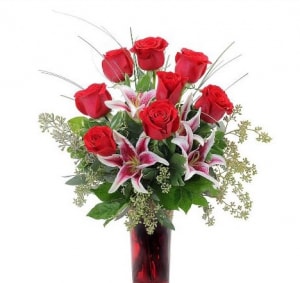 Gazing Love  - The ultimate display of true love- red roses accented with stargazer lilys