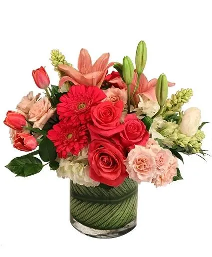 ELEGANCE   BOUQUET - With its shades of pink roses, tulips, carnations, gerberas, and lilies, Playful Elegance will make anyone blush! This arrangement is perfect for any occasion and makes an excellent gift. Send this stunning bouquet to someone who makes you blush today! 