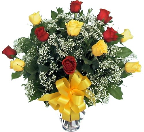 Friendship &amp; Love Bouquet - Stunning arrangement of six red and six yellow roses. This favourite gift in a glass vase is designed with baby's breath and a matching bow. The colour red is for love and yellow is for friendship.