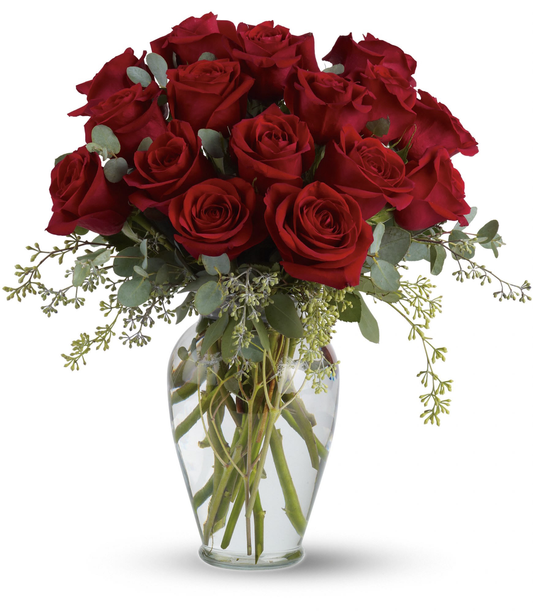 Full Heart - 16 Premium Red Roses  - When your heart is full of love. Of longing. Of loss. You can pay tribute with this incredible arrangement of roses and eucalyptus in a beautiful ming vase. Cherish the moments you had and the memories you will hold onto forever.  Lovely red roses and graceful eucalyptus in a gorgeous ming vase make up this heartfelt gift.       