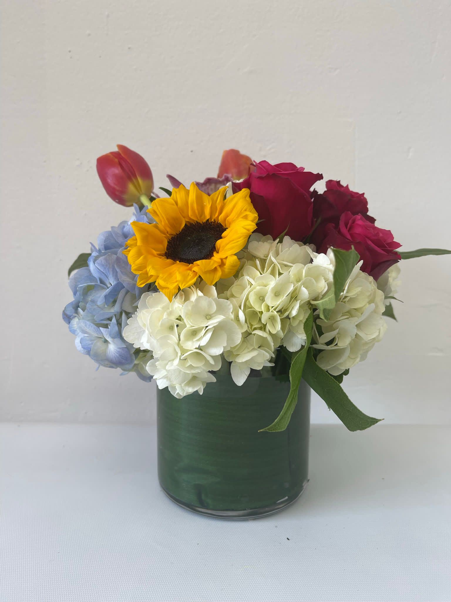 HI!! IT'S ME!! - NICE ARRANGEMENT WITH GREAT COMBINATION OF ROSES, TULIPS, SUNFLOWER AND HYDRANGEAS, 