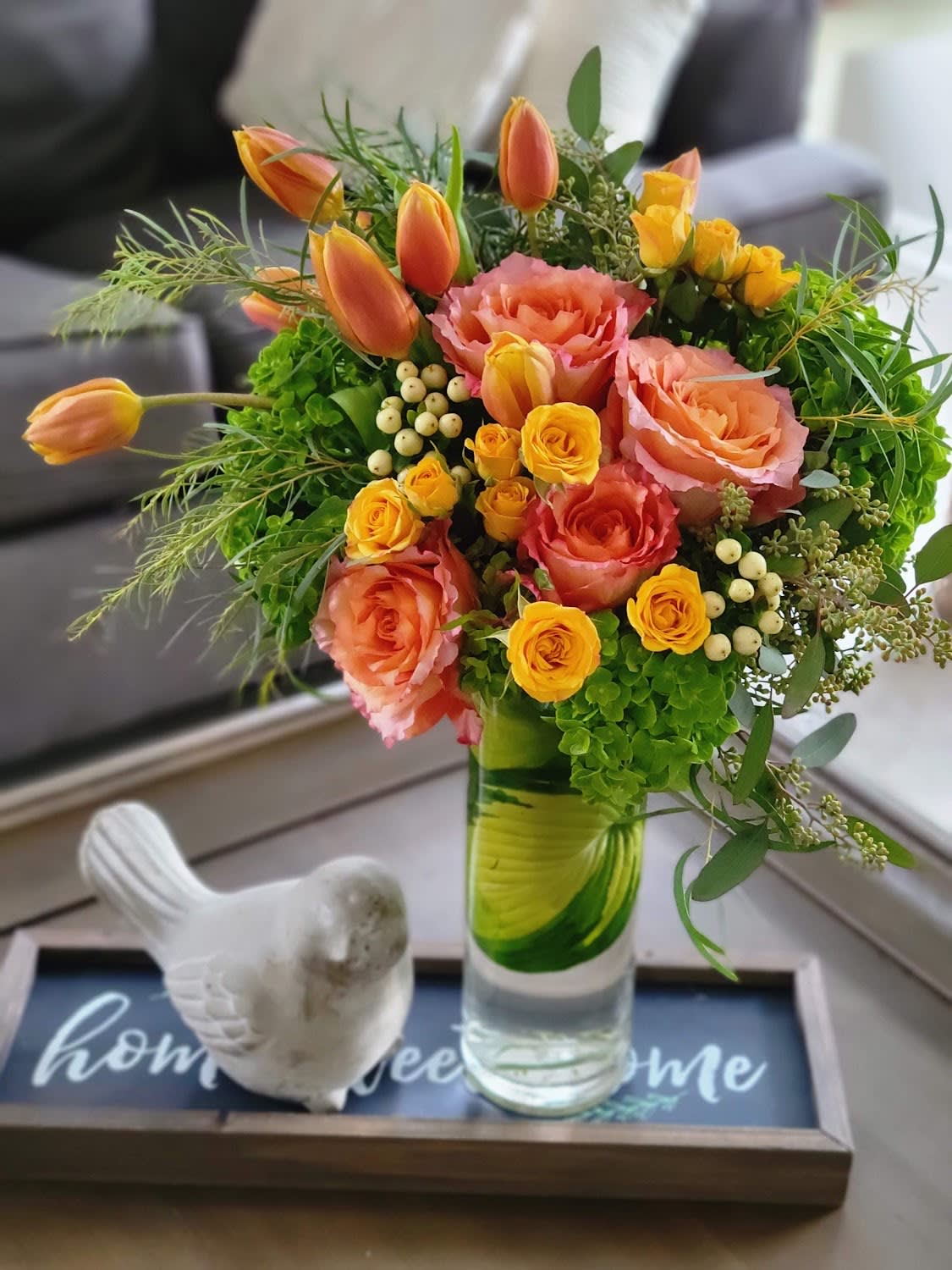 Summer Breeze - Tulips,  Free spirit Roses, Hypericum Berries, Green Hydrangeas