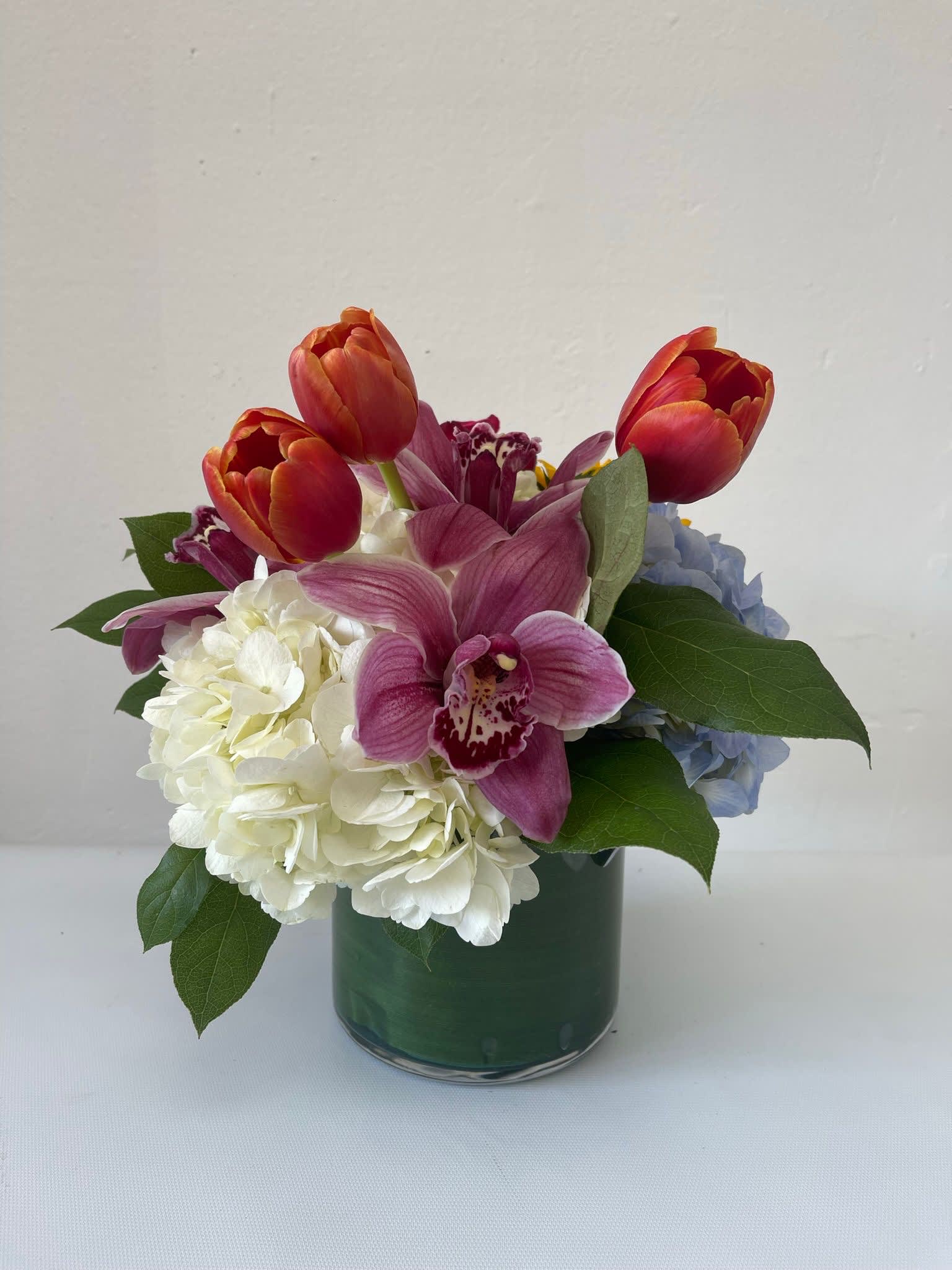 JUST FLOWERS JUST FLOWERS - MIX OF HYDRANGEA, TULIPS AND OCHILD TO EXPRESS GRATITUDE TO ANYONE