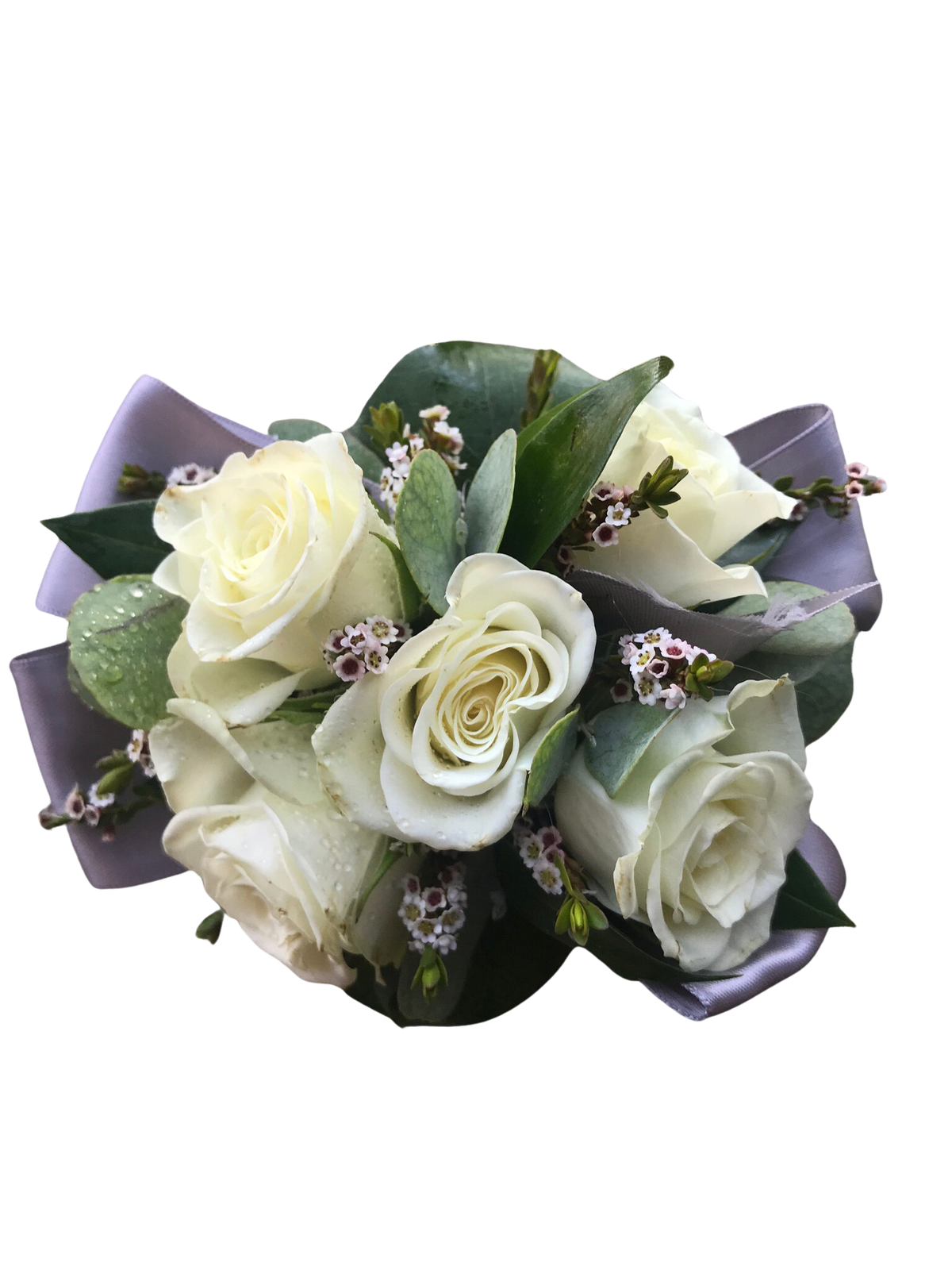White and Gray Rose Wrist Corsage - White Spray roses, greenery and filler with Grey ribbon on pearl wristband. Greenery and filler may vary based on season and availability.