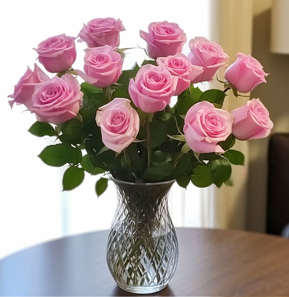 Mia Mia - A beautiful dozen of pink roses in a clear vase