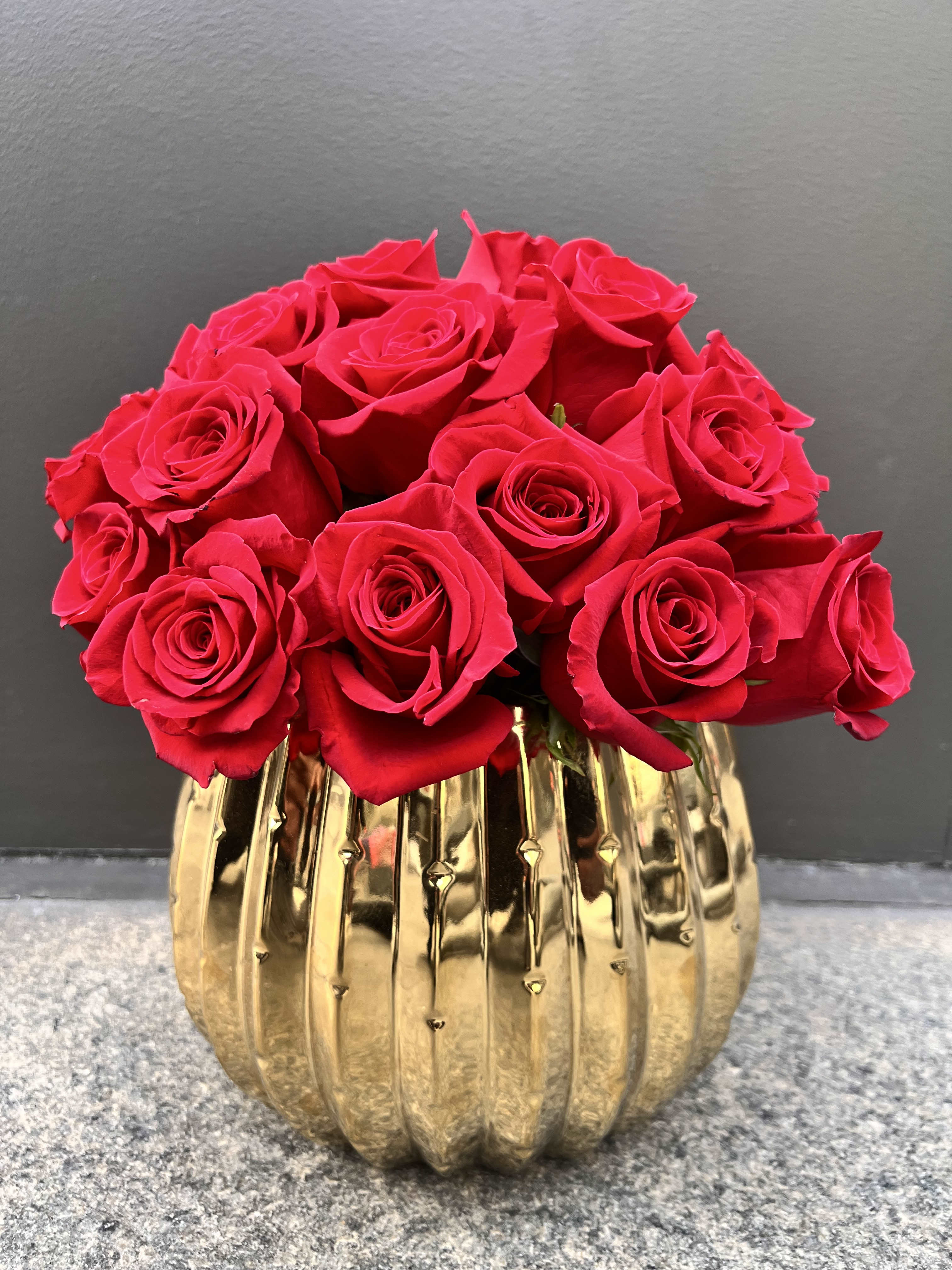 Red Sophisticated - Premium Red Roses in a gold beautiful ceramic container.   