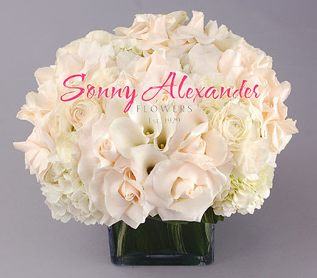 Cloud of Flowers (Pictured as Premium Size)  - Make someone's day, and leave them floating on a cloud with this simply sophisticated arrangement of all-white florals. Cloud of Flowers is designed with clusters of paved roses,  calla lilies, hydrangeas, and in a leaf-lined square vase.  Measures approximately 14in diameter by 12 tall.