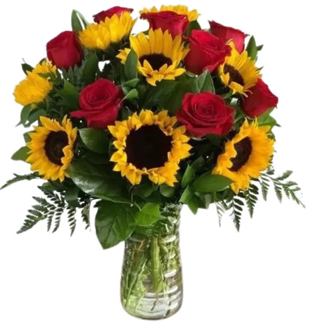 Sunflower & Red Roses Bouquet Sunflower & Red Roses Bouquet - What a bright and cheery product!” Sunflowers & rose make everyone smile and this bouquet certainly aims to do just that.