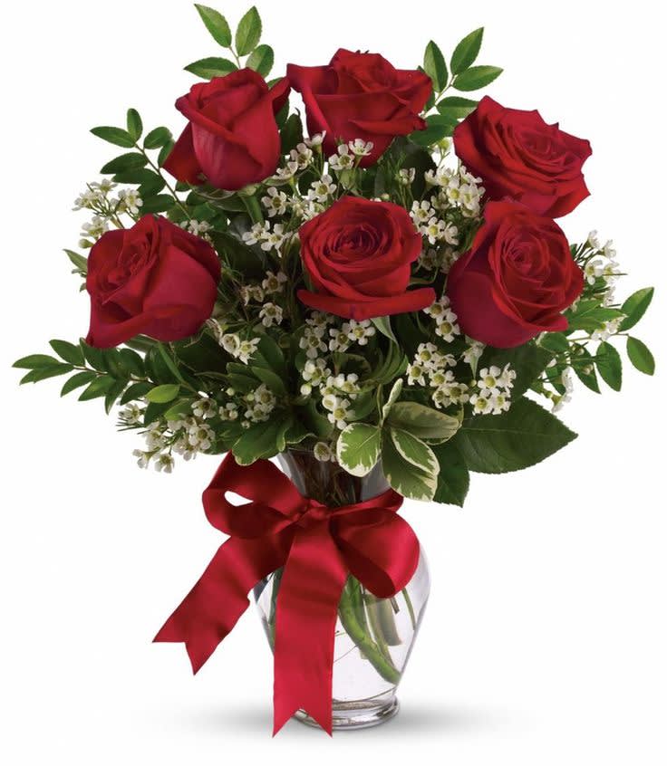 My Better Half - A  gorgeous bouquet of 6 premium roses.   Beautiful red roses created for your better half. Bouquet includes healthy greenery &amp; caspia for the perfect filler.