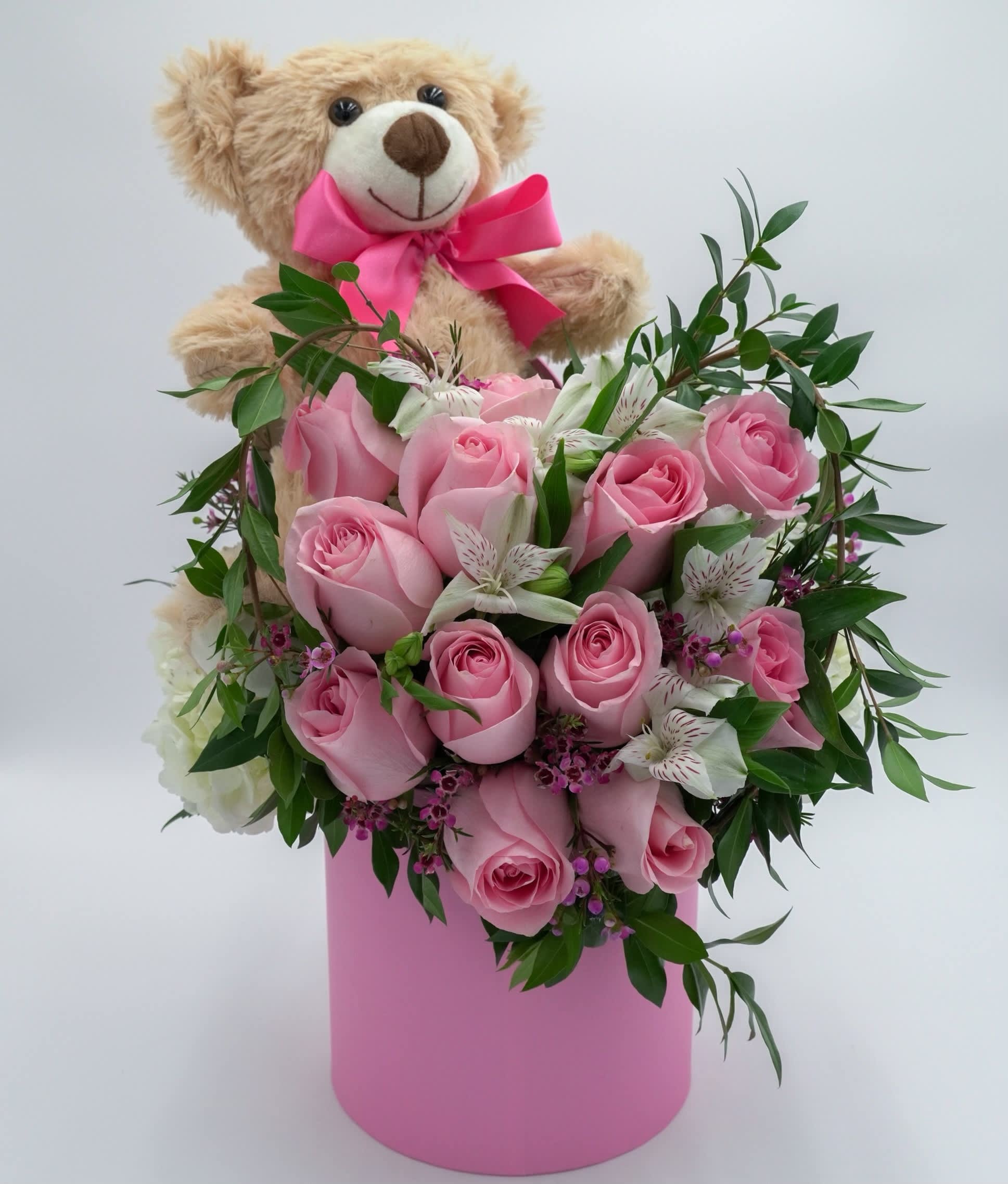 Pink Roses and Bear  - One Dozen Pink Roses with a Bear 
