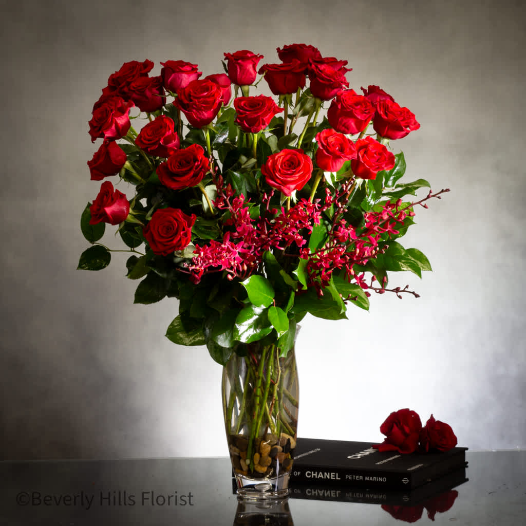 Classic Reds  - 24 Stems of classic roses with orchids