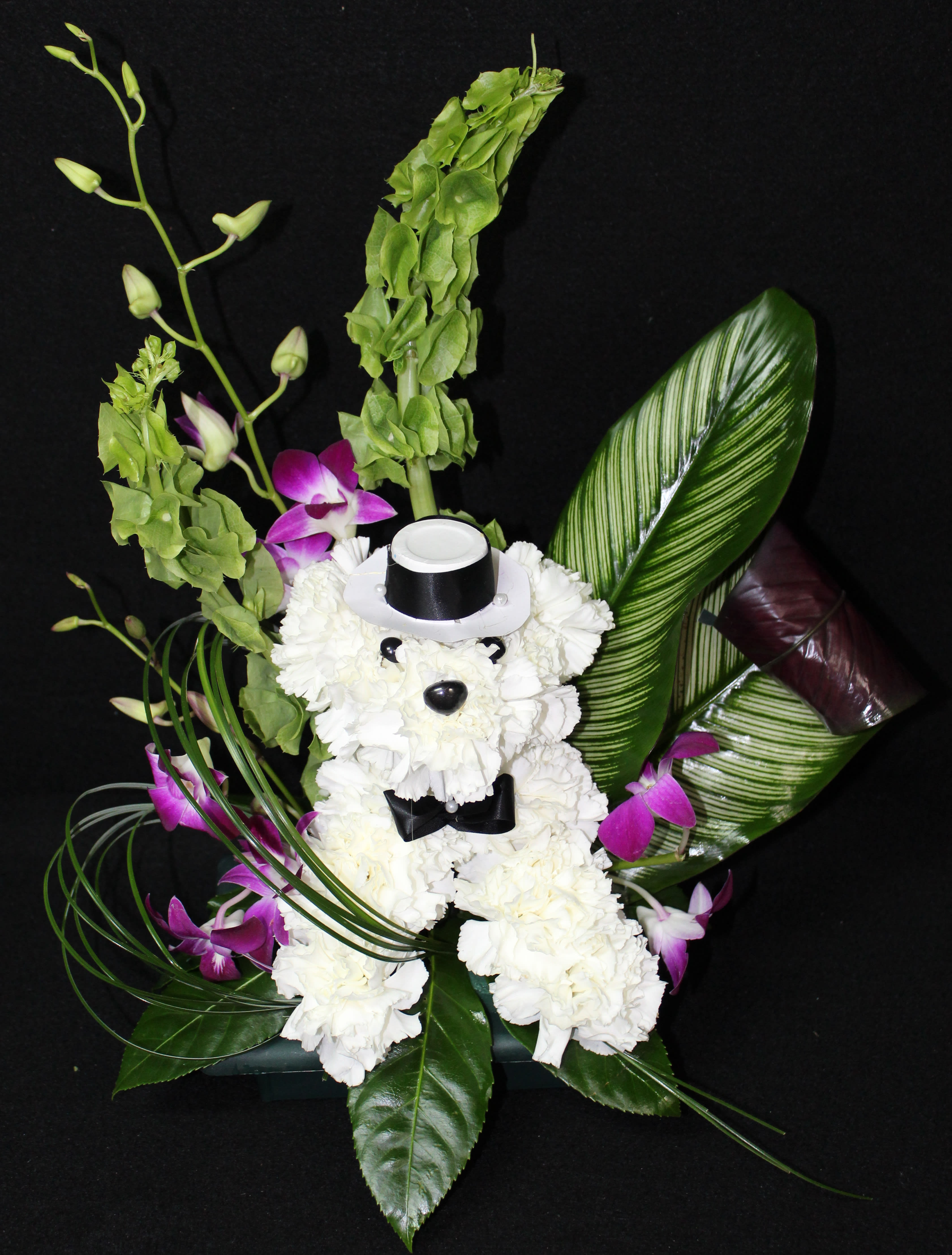 Dapper Dog - An adorable dog shaped from carnations will certainly put a smile on anybody's face
