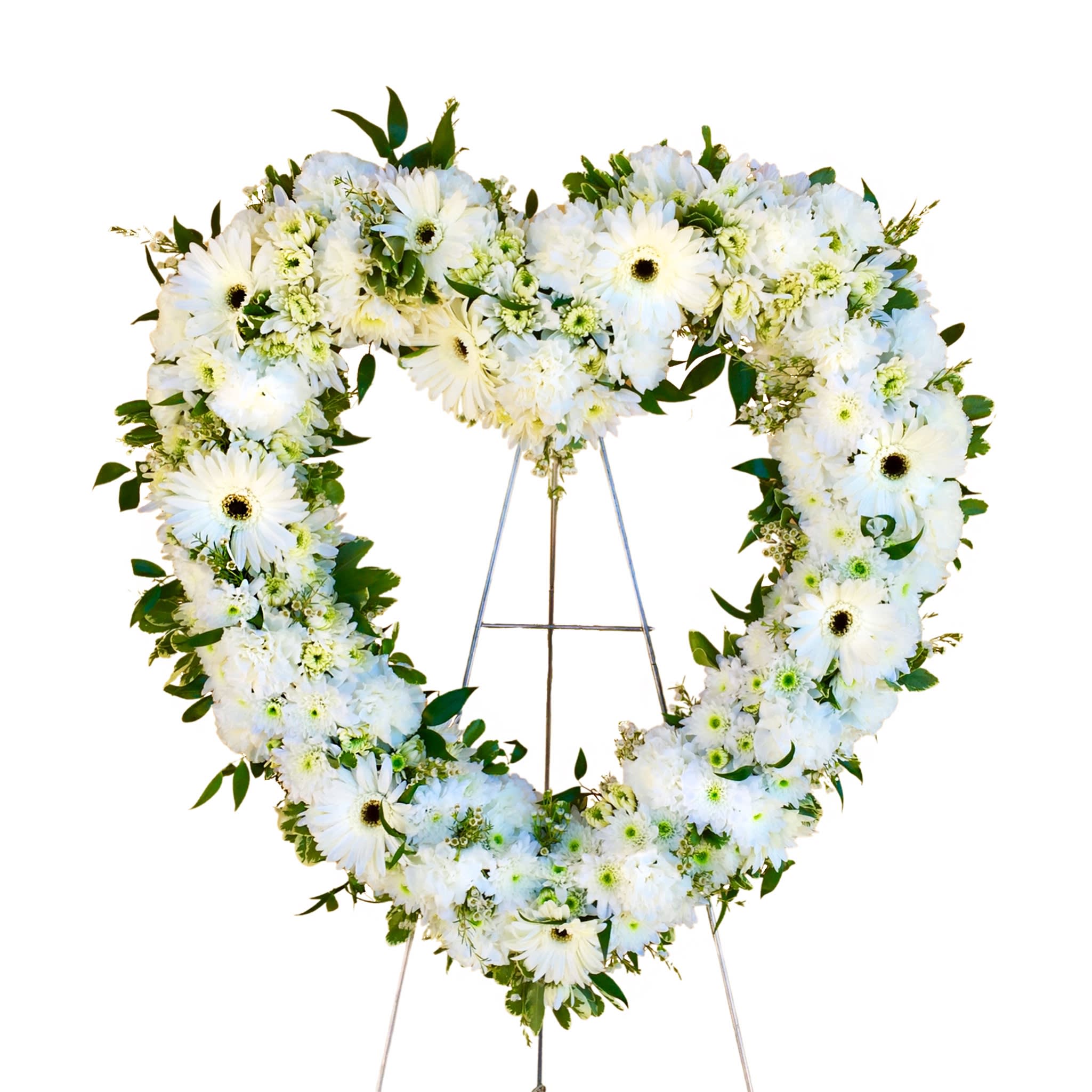 Open Daisy Heart - A peaceful display of your heartfelt sympathy, this pure white wreath of daisies brings natural serenity to the service.