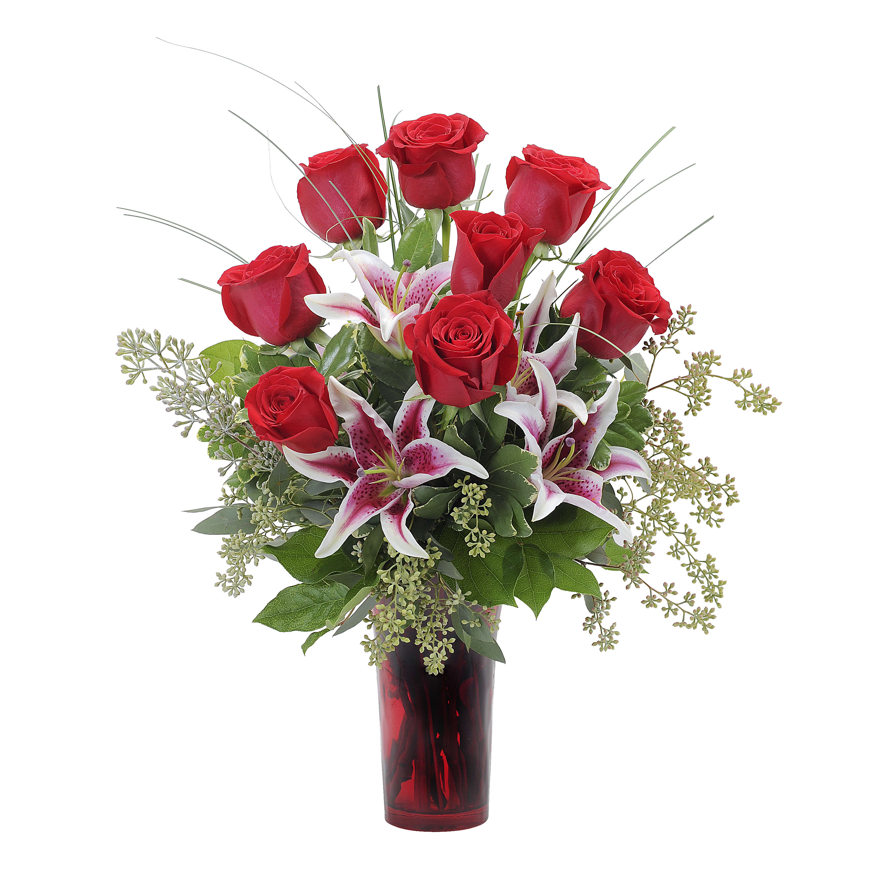 Loving Gazer - Rich red roses and elegant stargazer lilies designed in a red vase. Approximately 12&quot; wide by 22&quot; high
