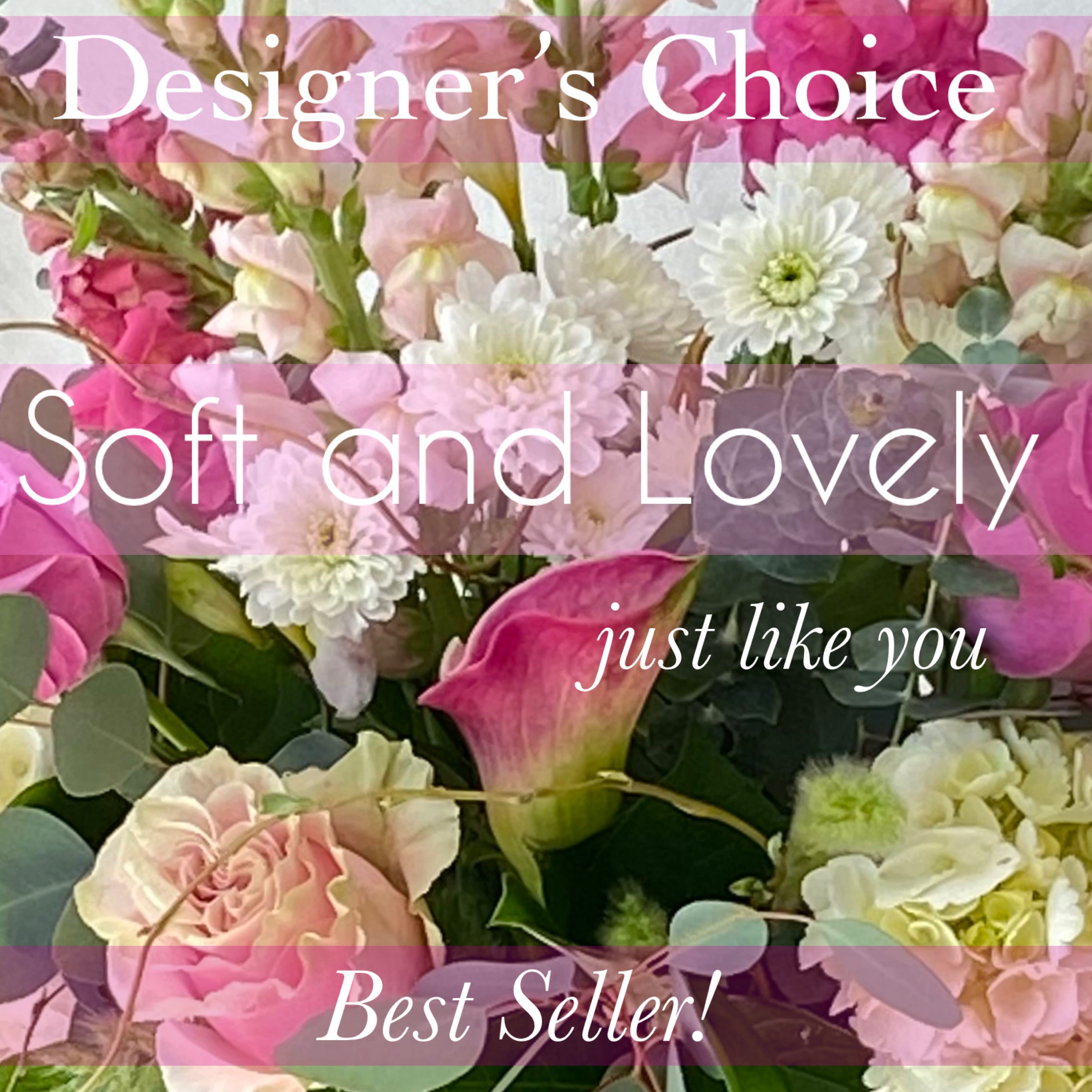 Designer’s Choice Soft Color Pastels - At Flora Verdi choosing “Designers Choice” is always the best way to go!  Designed in a soft and feminine color palette of pinks, white, and green…this Valentines Day special includes a generous selection of light and medium pink roses, snapdragon, alstroemeria, stock, lisianthus, tulips…and other premium garden-type blooms.  * Price increase reflects increase in added roses and premium flowers.  