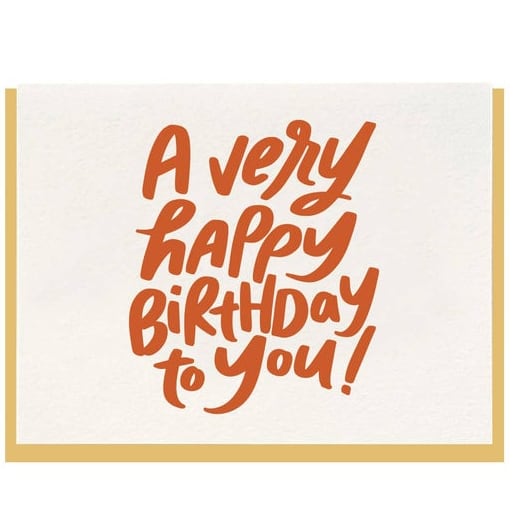 Dahlia Press - Very HBD - Letterpress Birthday Greeting Card Dahlia Press - Very HBD - Letterpress Birthday Greeting Card - Single, hand illustrated greeting card letterpress printed on plush 100% cotton paper. Made in the USA. includes: 1 card + 1 envelope // size: 4.25 x 5.5" folded // packaging: cellophane sleeve // interior: blank // minimum: 6 per design style