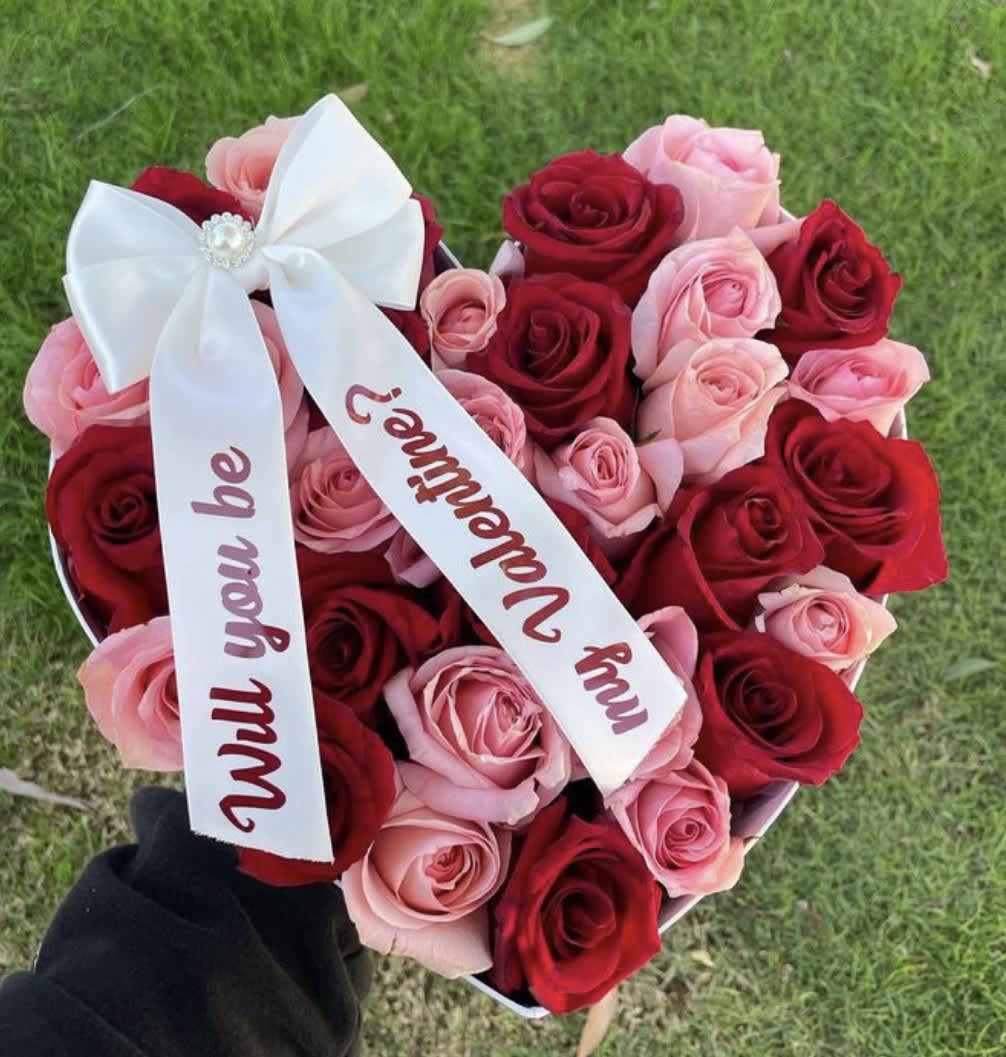 You Have My Heart - Red and Pink imported Roses, shaped heart topped with satin Ribbon