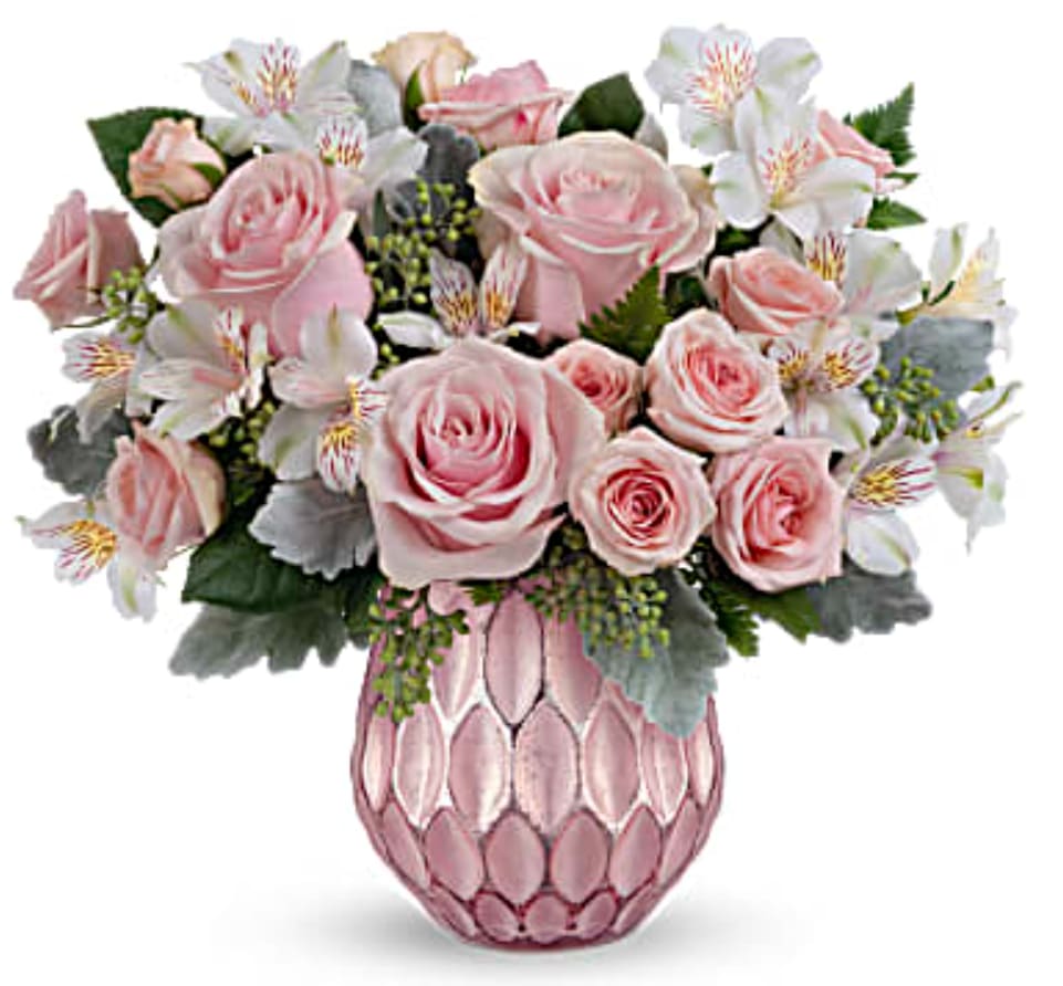 Pink Pastel - Soft and sweet, this pastel pink rose bouquet gets the glam treatment from a frosted glass vase with sculpted design and sparkling, faux mercury glass finish. 
