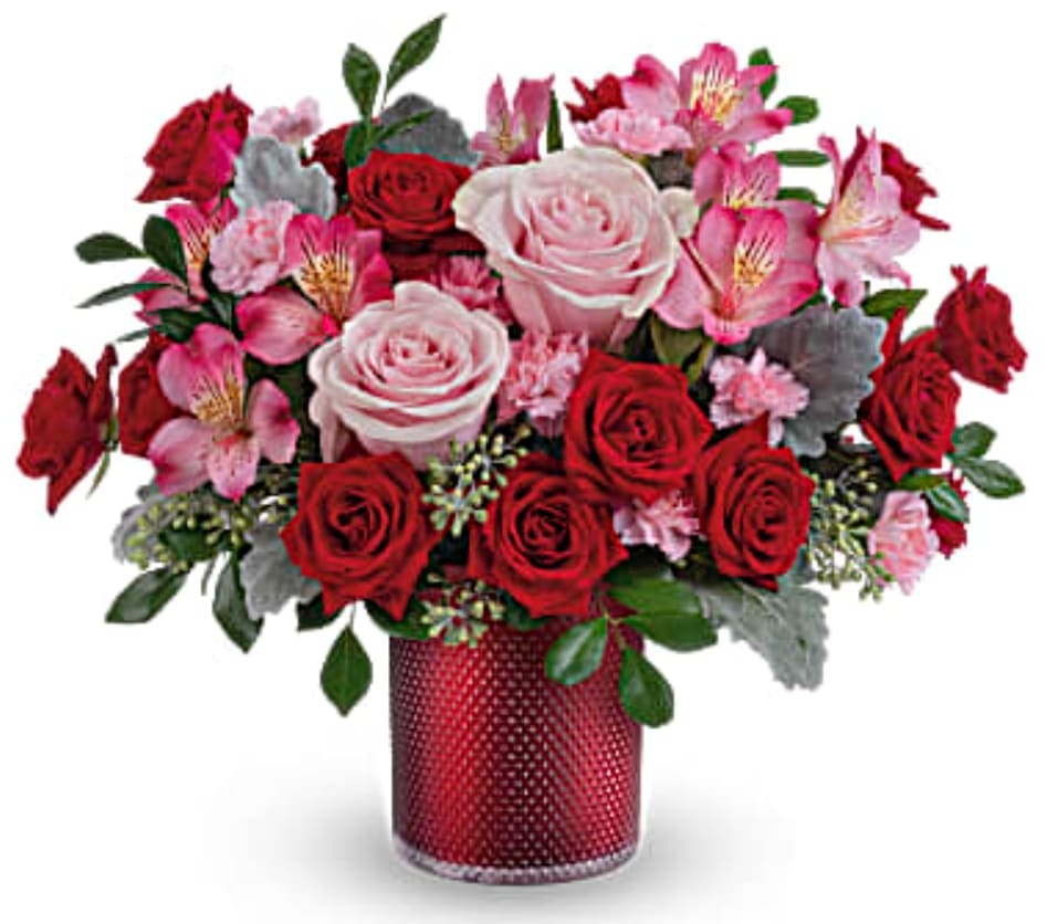Scarlet Diamond - Embossed with an elegant diamond pattern and shimmering with a pearlescent finish, this glam glass vase makes V-Day extra special when filled with a beautiful red and pink bouquet.