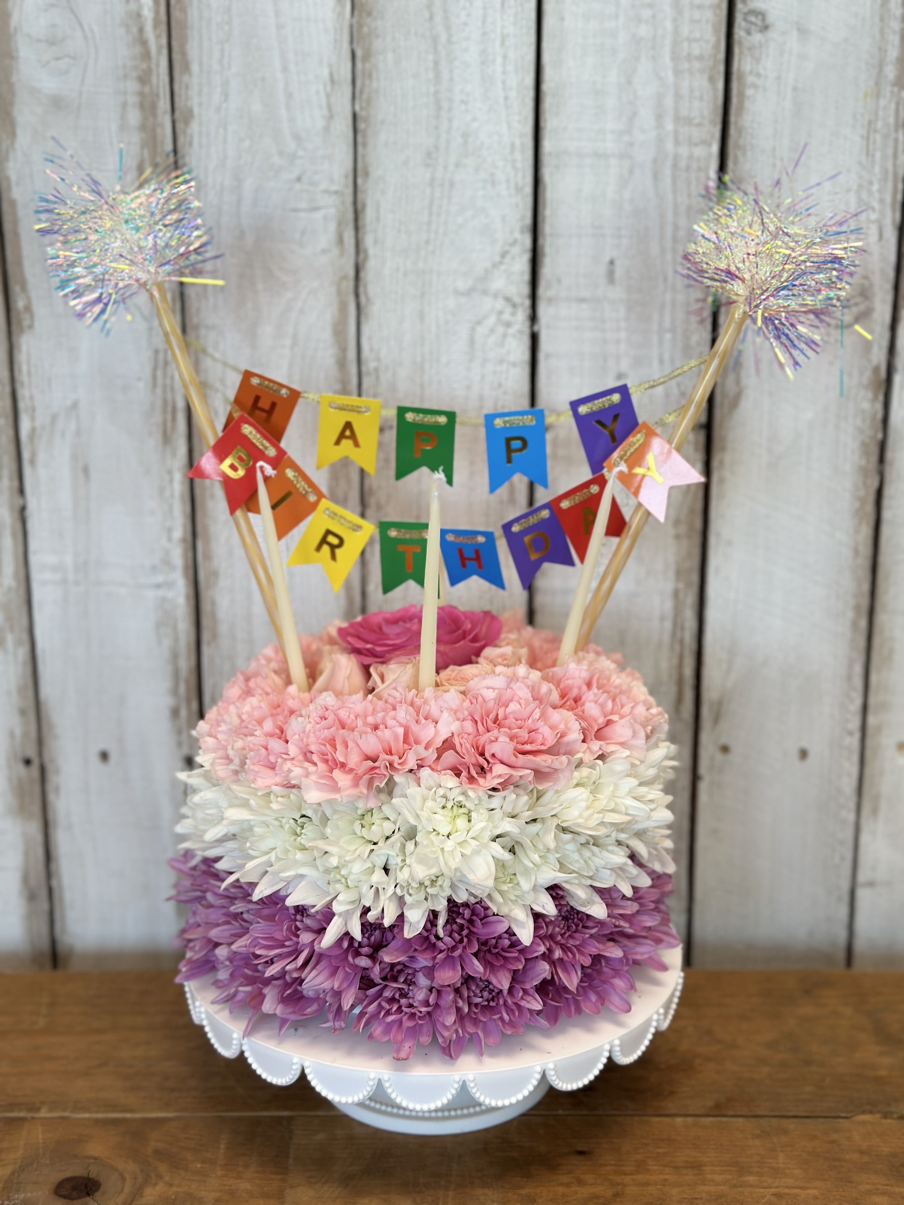 Happiest birthday  - Happiest birthday trending floral cake candles included fresh roses mums and carnations 