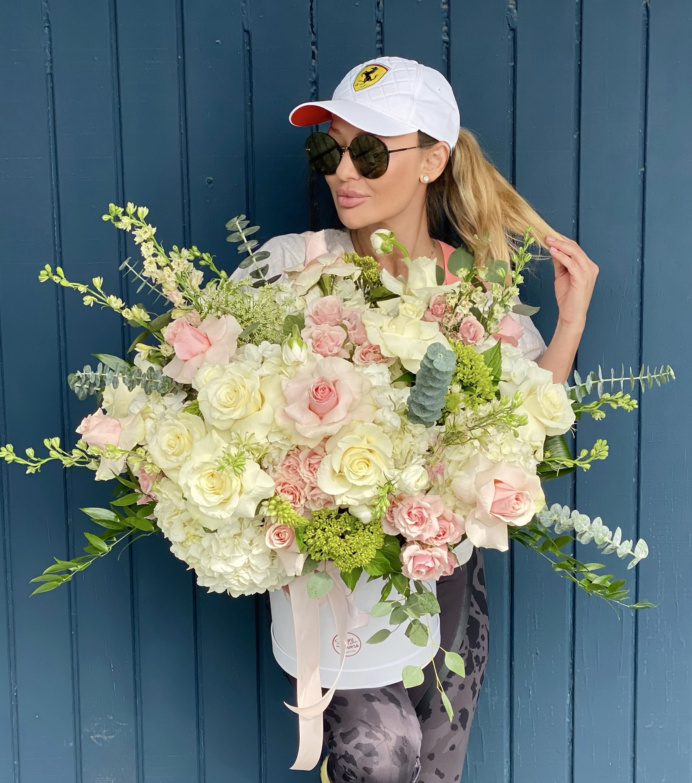 Cream Caramel Cream Caramel - Mix Flowers with White Pich and Pink roses in a Hat Box