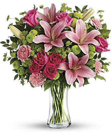 Dressed To Impress Bouquet - This fabulously  bouquet features hot pink roses, hot pink spray roses, pink asiatic lilies, pink carnations, green button spray chrysanthemums, and assorted fresh greenery. 