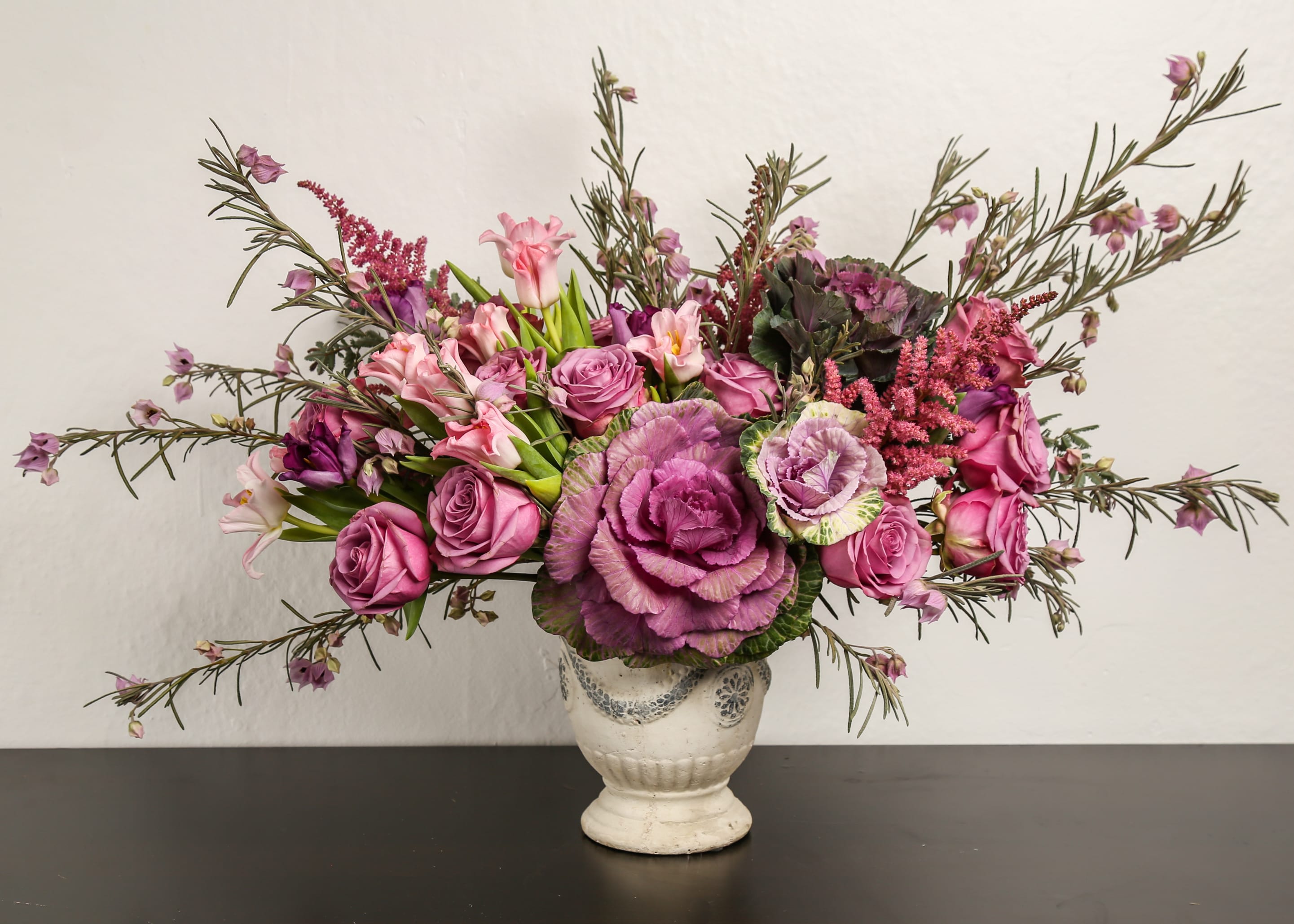 Lavender Crush - Composed of roses, tulips, kale, astilbe, variety of green.