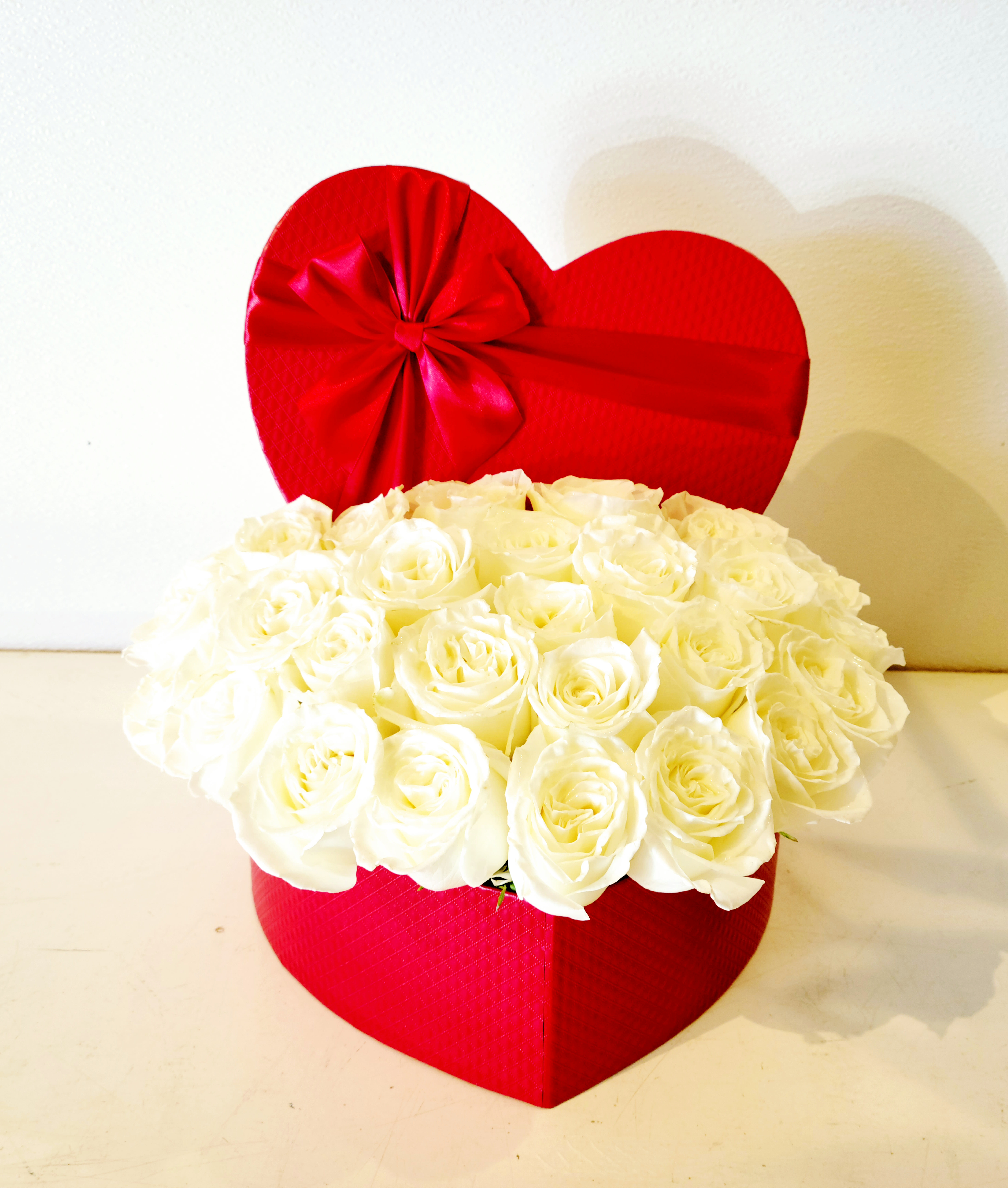 My Everything - Romantic red heart shape box with elegant white roses.